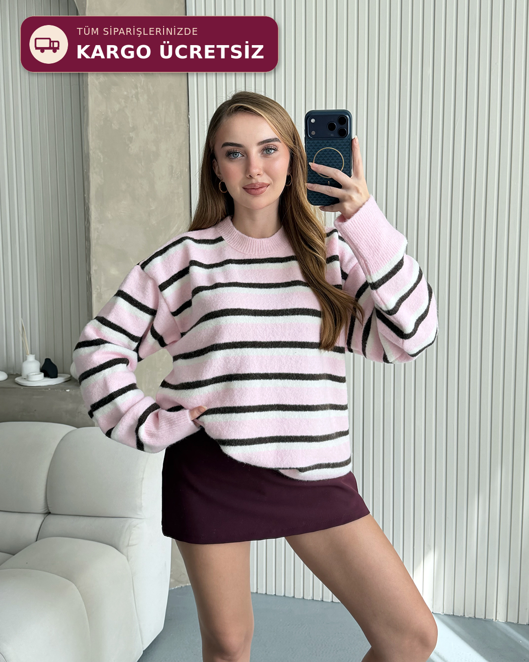 Lora Çizgili Pembe Triko