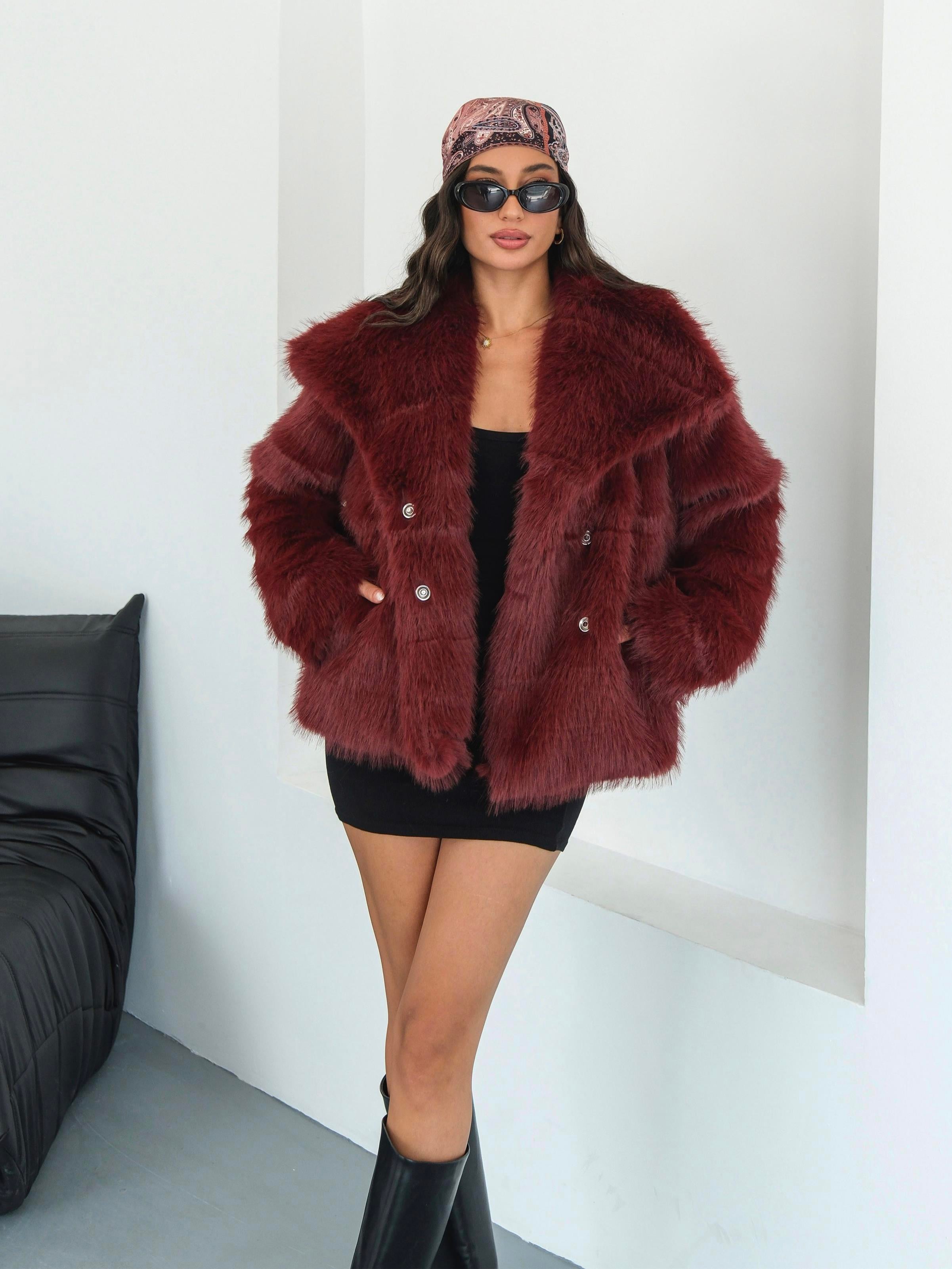 Luna Bordo Oversize Kürk Ceket