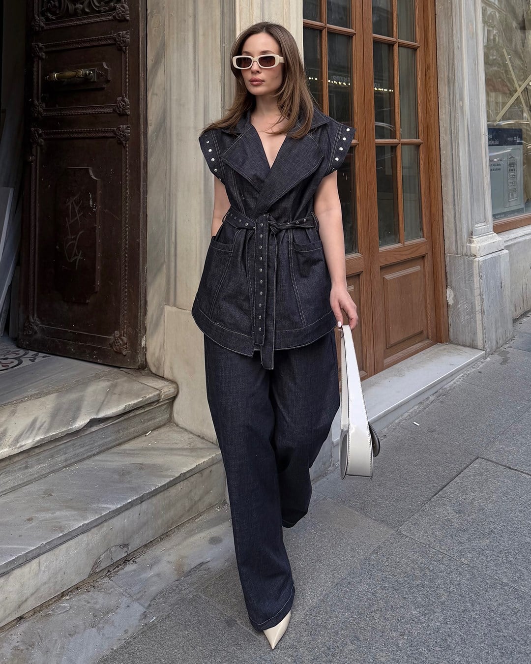 Luxe Denim Dokulu Lacivert Yelek Pantolon Takım
