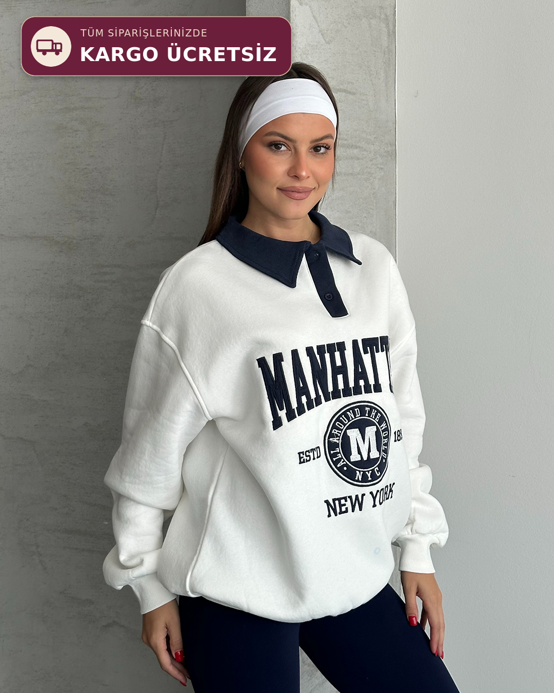 Manhattan Nakışlı Polo Yaka Beyaz Sweatshirt