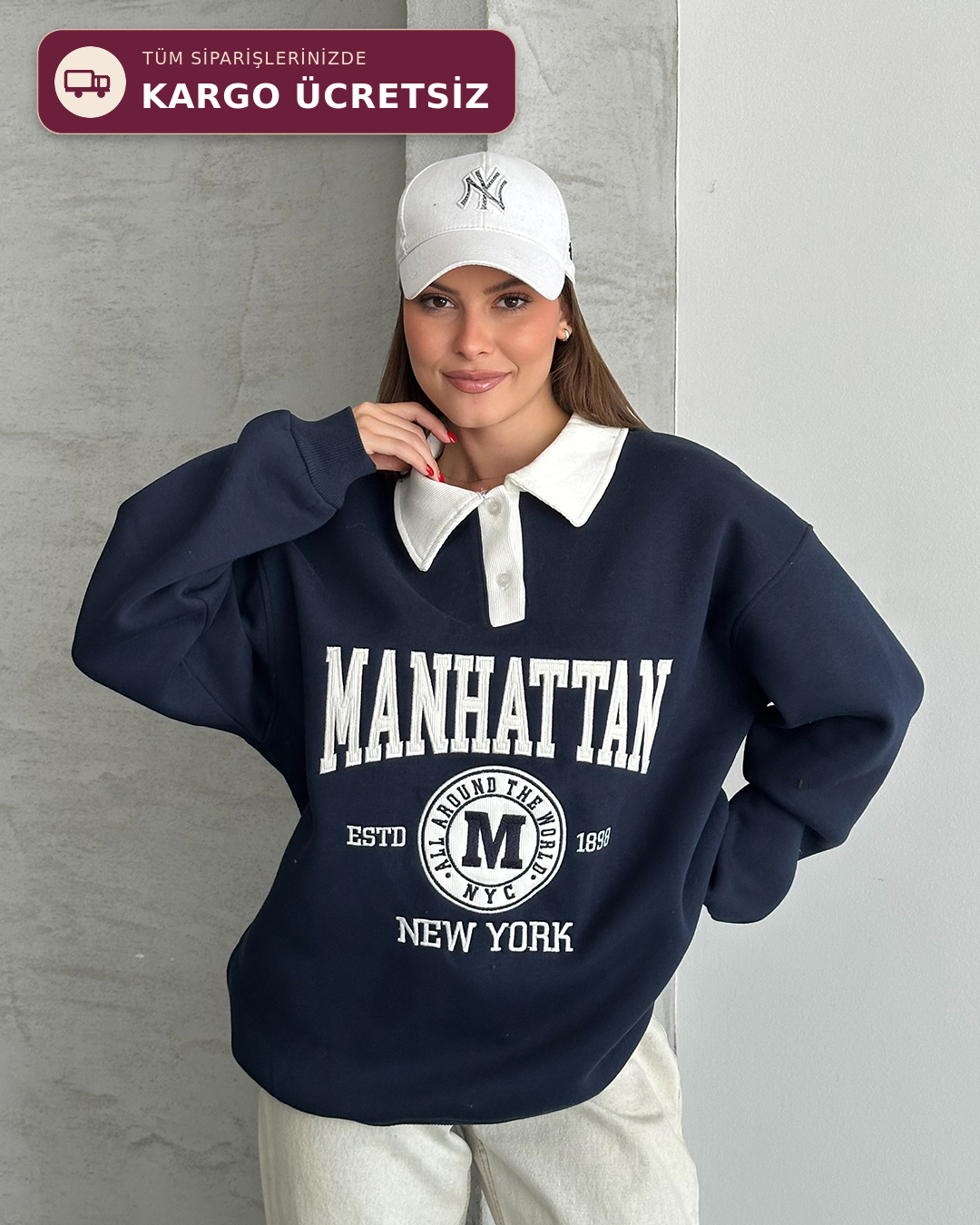 Manhattan Nakışlı Polo Yaka Lacivert Sweatshirt