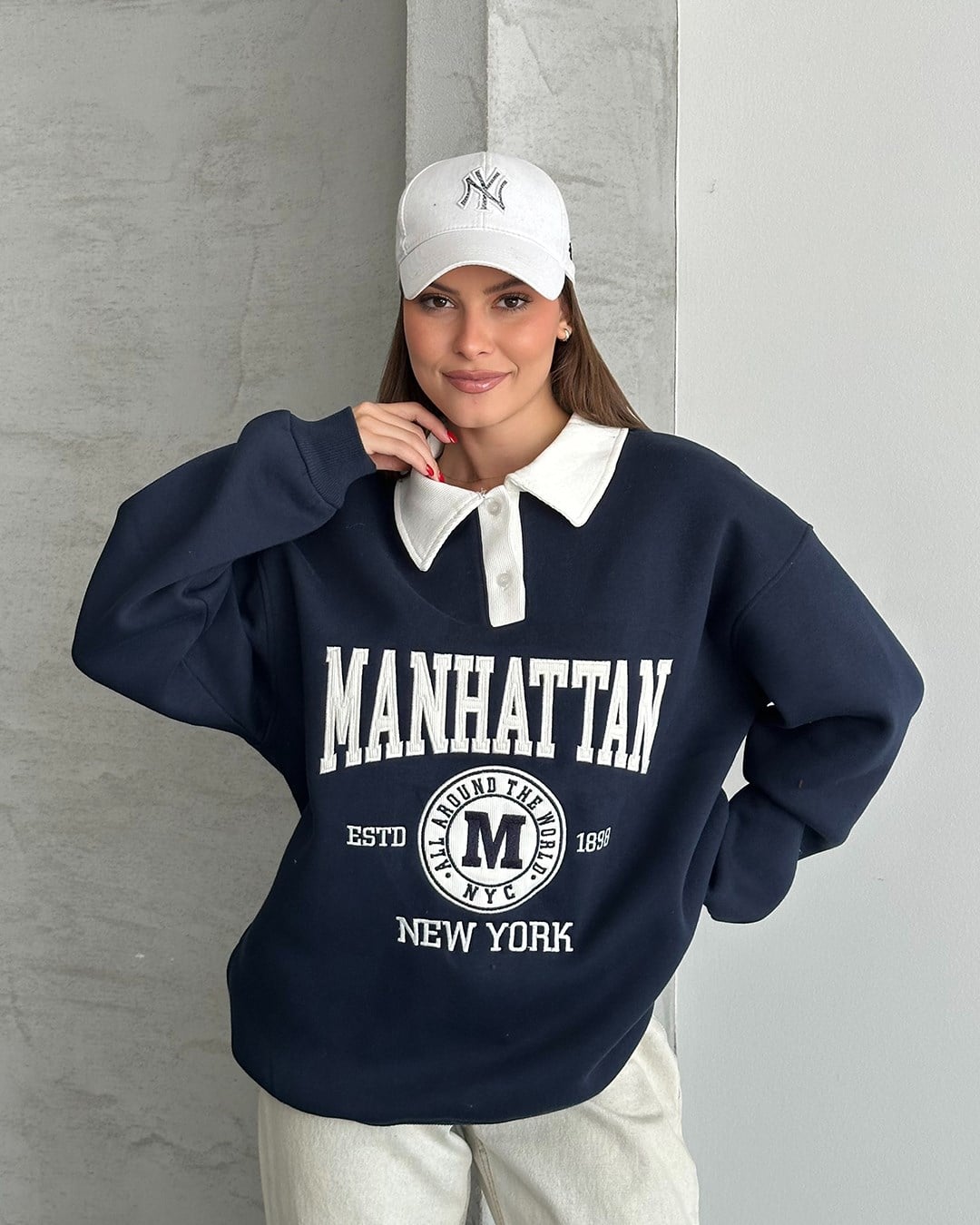 Manhattan Nakışlı Polo Yaka Lacivert Sweatshirt