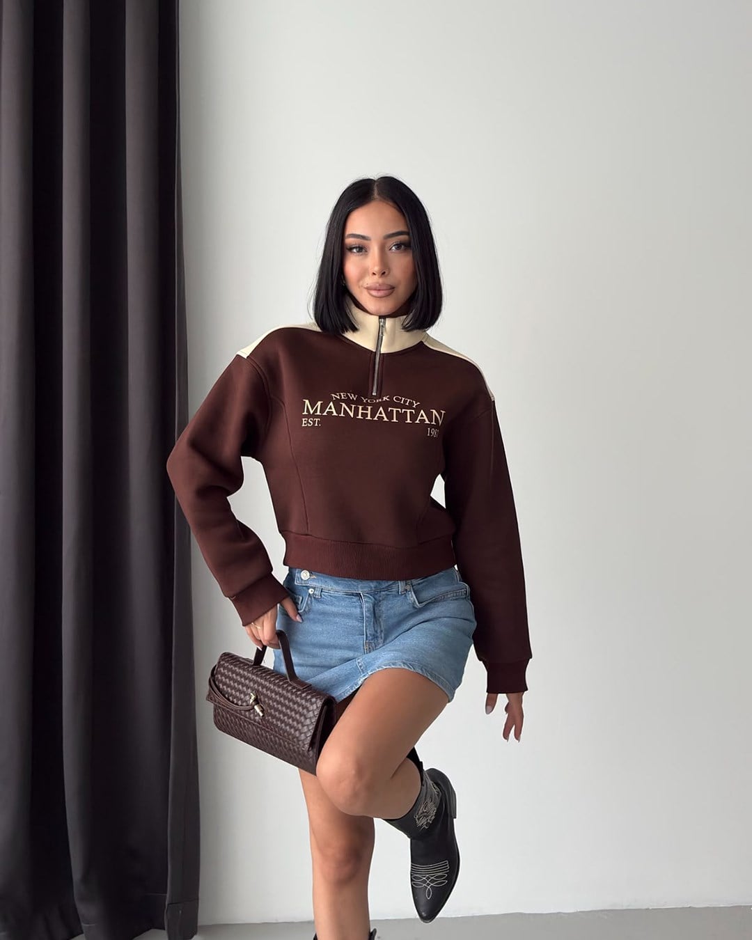 Manhattan Yarım Fermuarlı Crop Kahverengi Sweatshirt