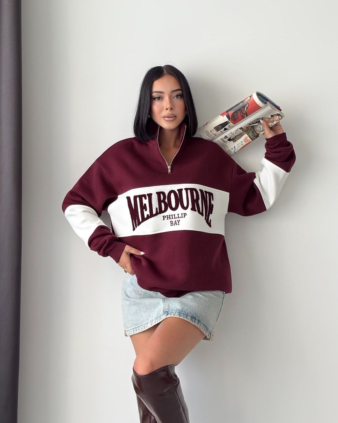 Melbourne Kabartma Nakışlı Yarım Fermuarlı Bordo Sweatshirt