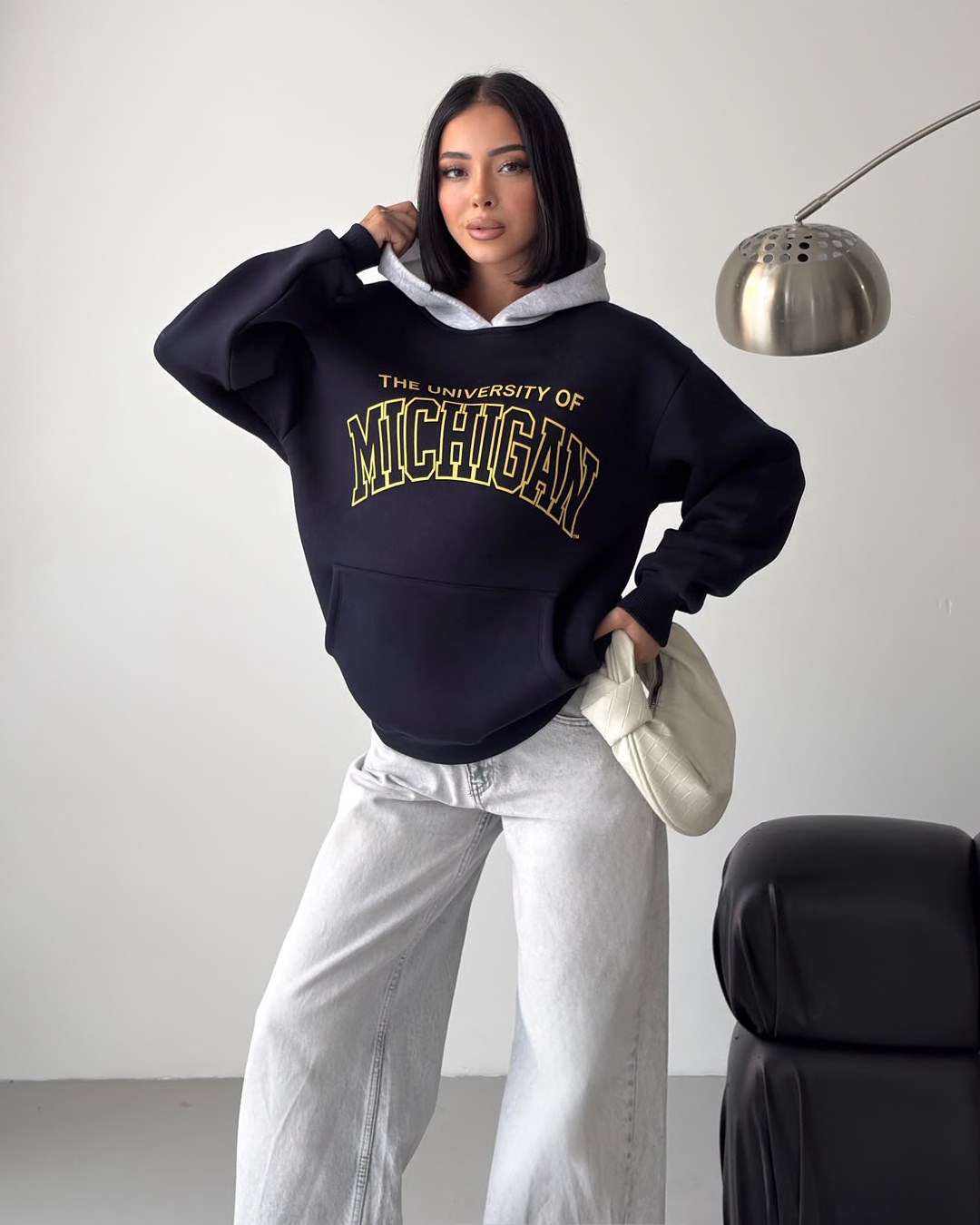 Michigan Baskılı Kapüşonlu Oversize Lacivert Sweatshirt