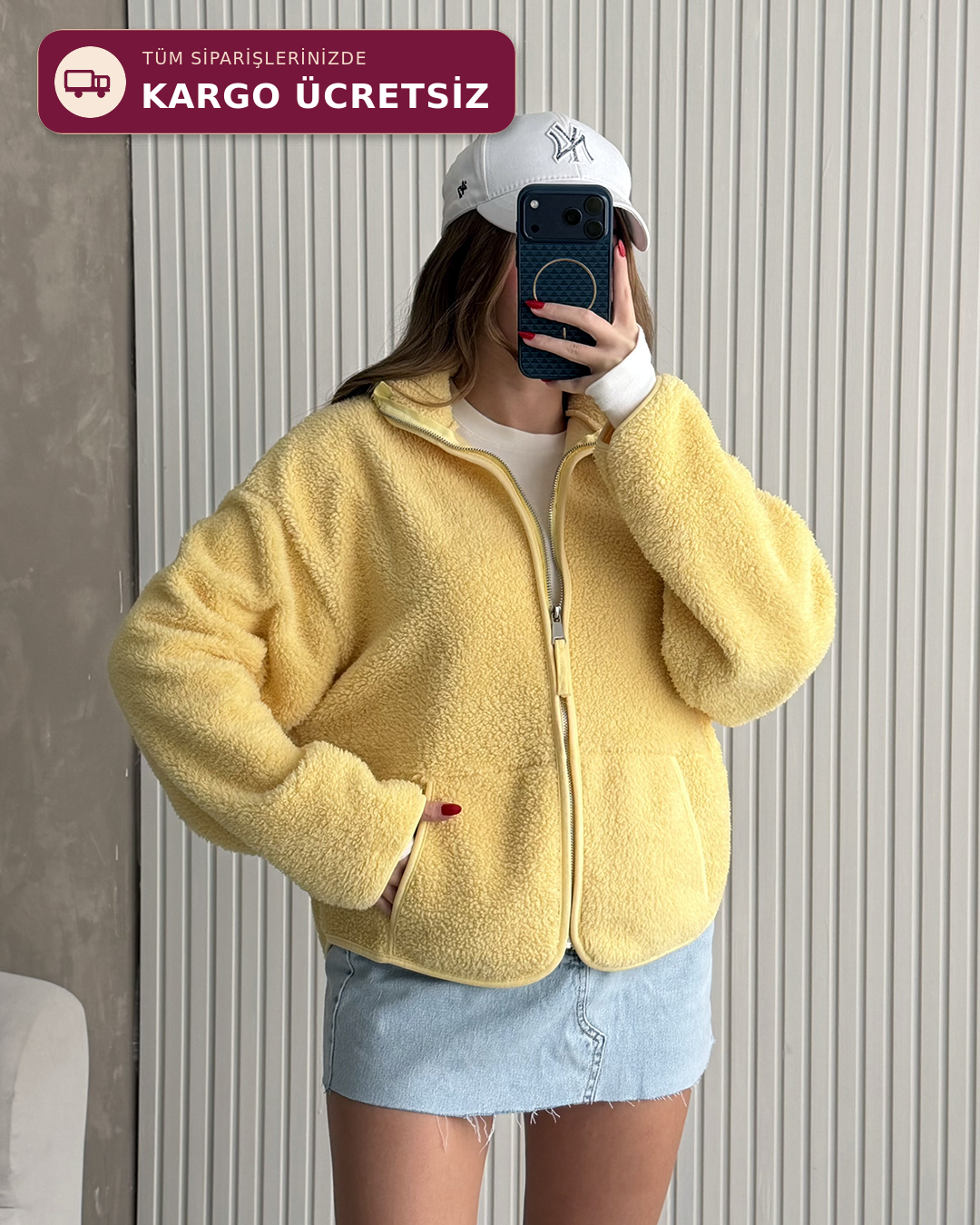 Mimoza Fermuarlı Sarı Peluş Ceket