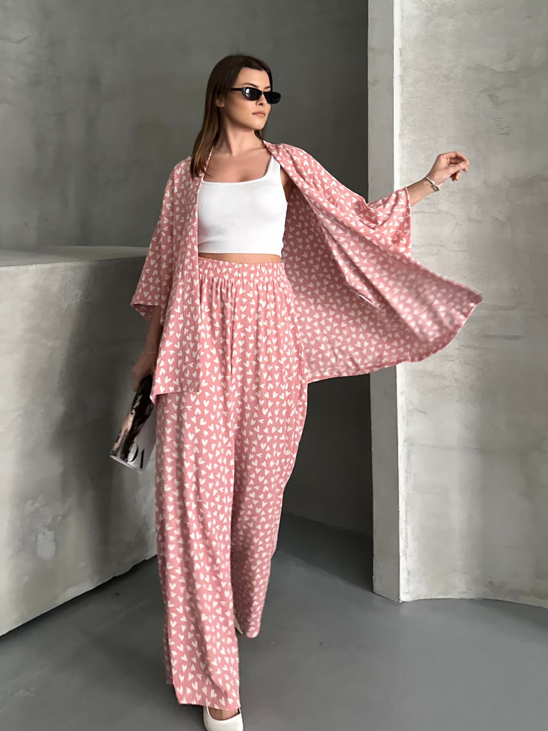 Mini Kalpli Pembe Kimono İkili Takım