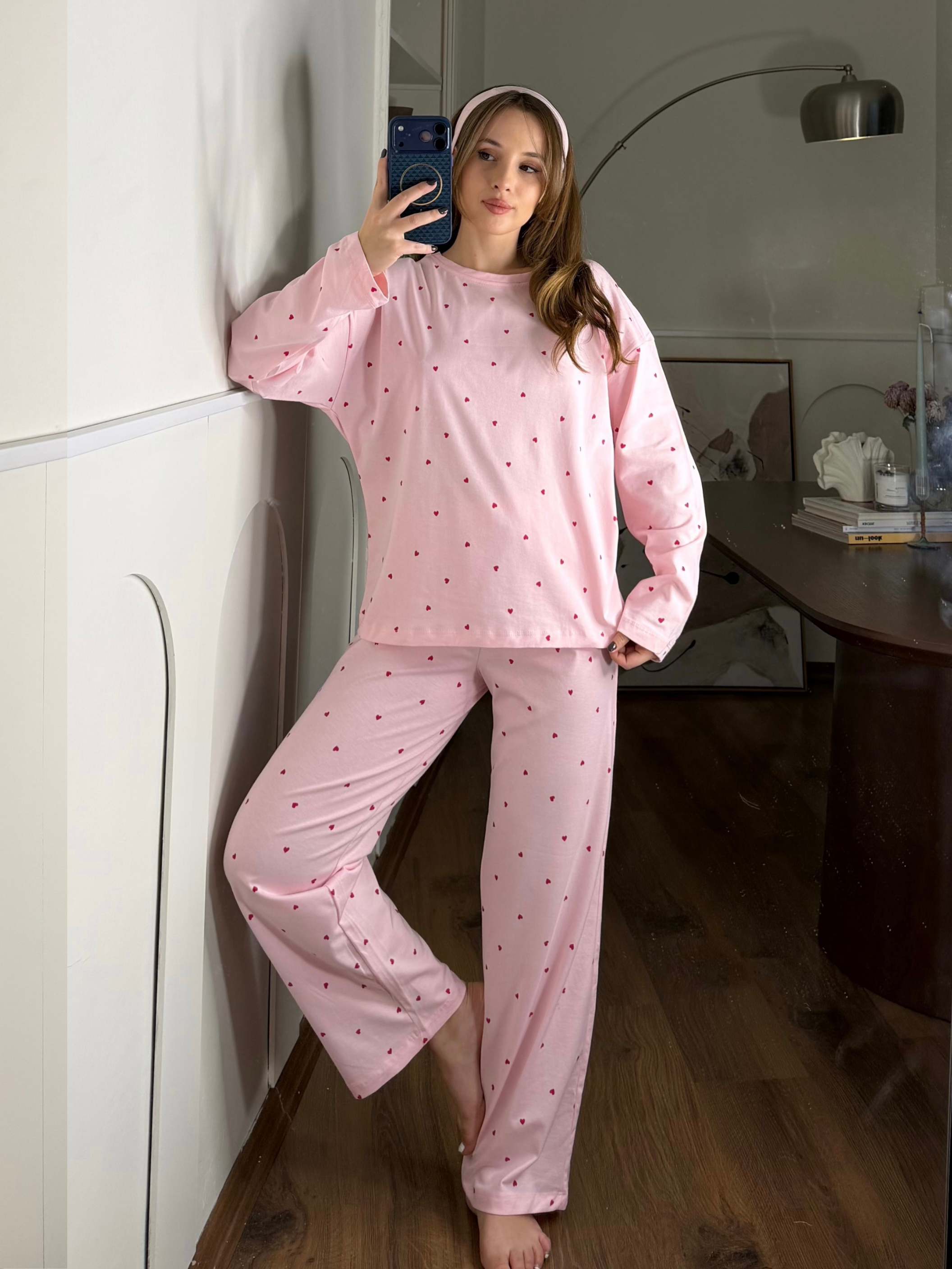 Minik Kalp Desenli Pembe Pijama Takımı