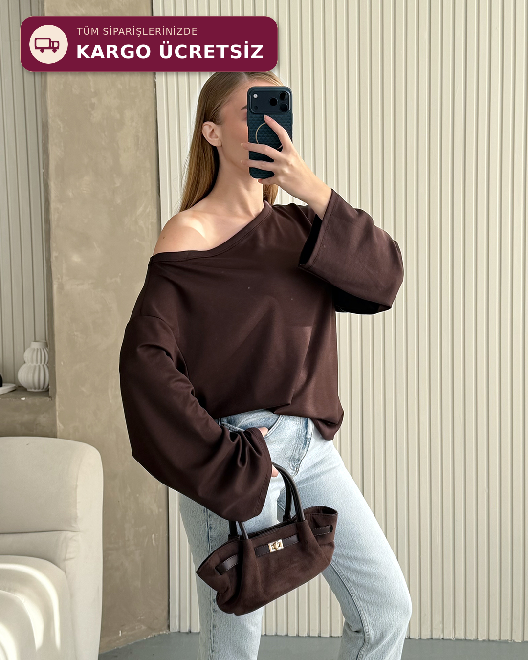Mona Kayık Yaka Kahverengi Sweatshirt