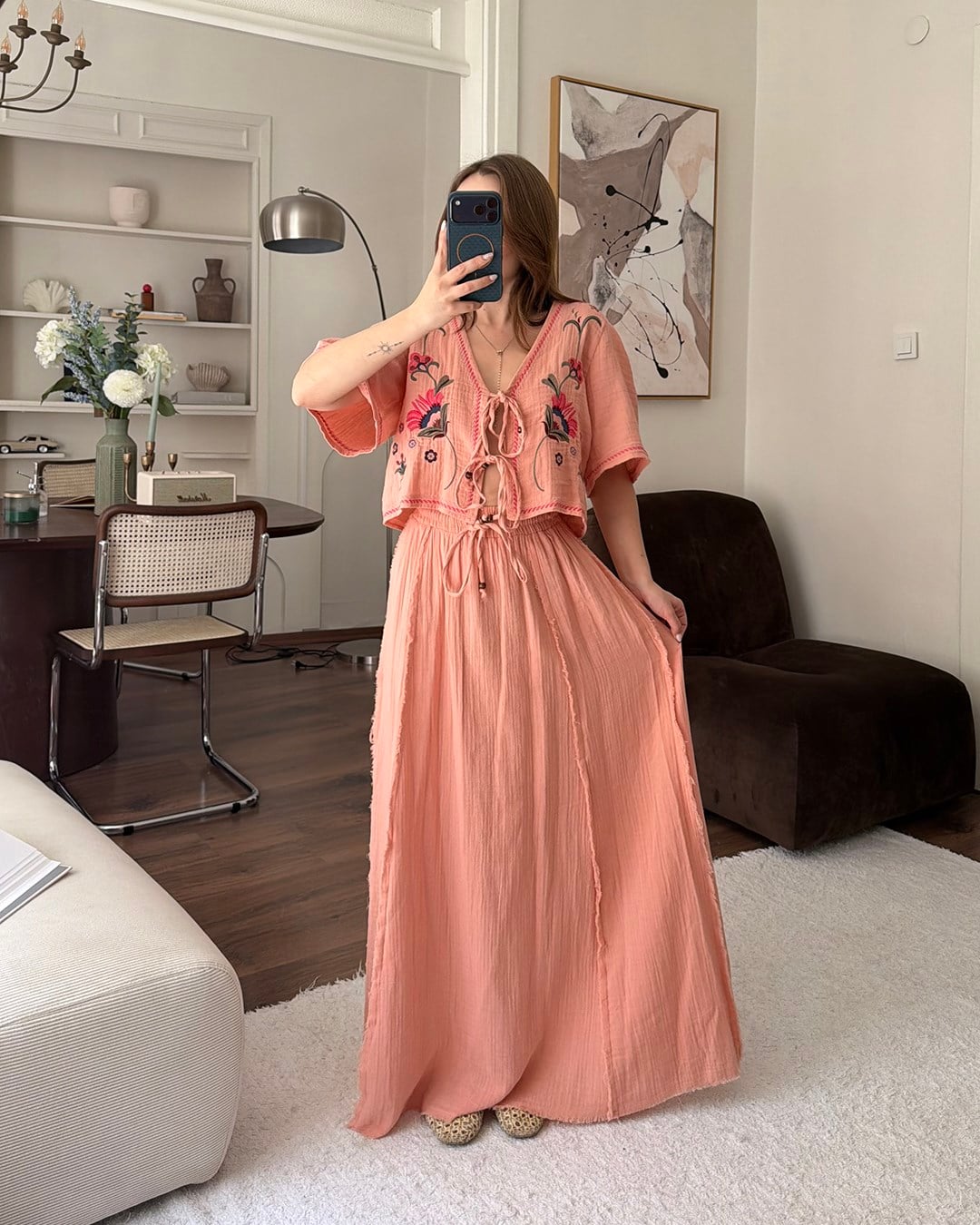 Nakış Detaylı Pembe Müslin Etek Takım