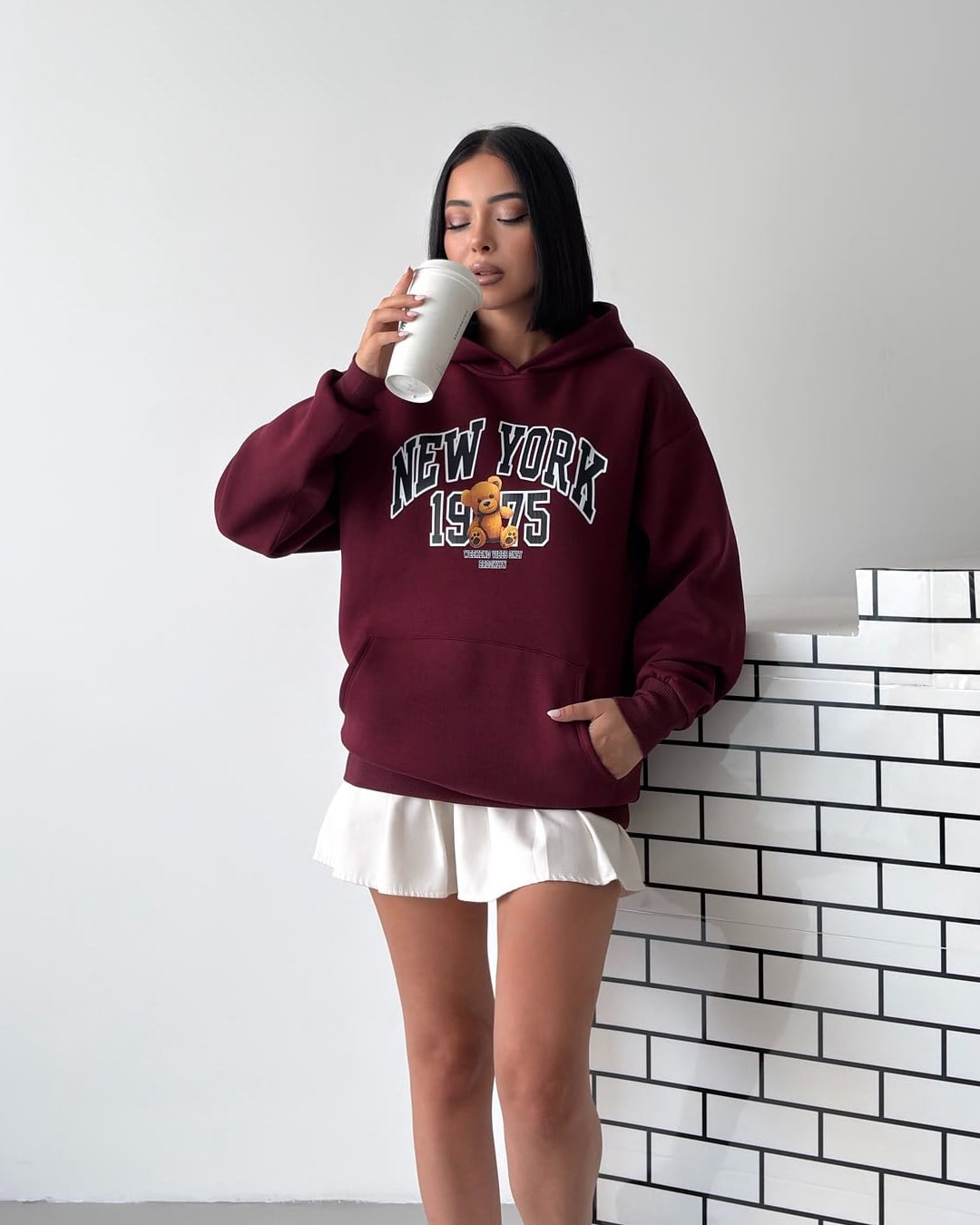 New York Oversize Kapüşonlu Bordo Sweatshirt