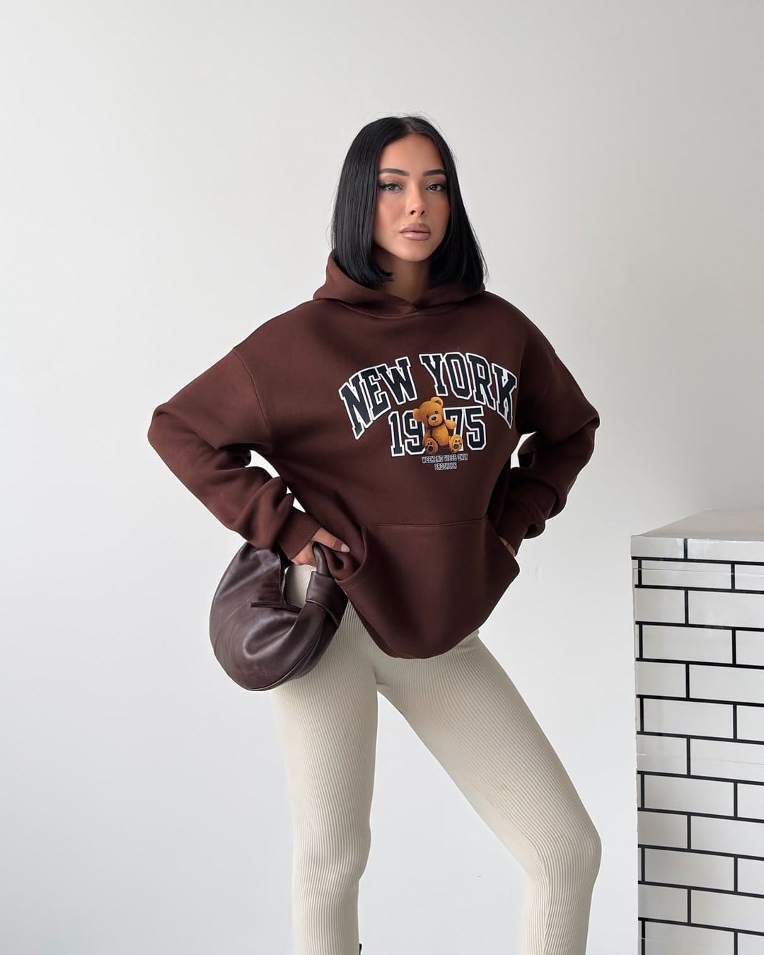 New York Oversize Kapüşonlu Kahverengi Sweatshirt