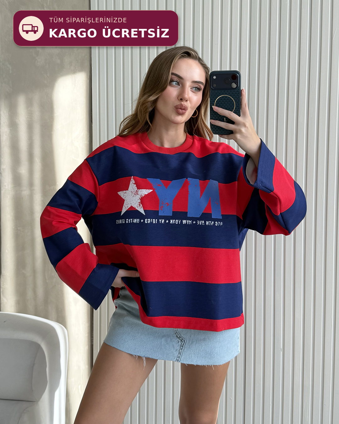 NY Star Çizgili Kırmızı Sweatshirt