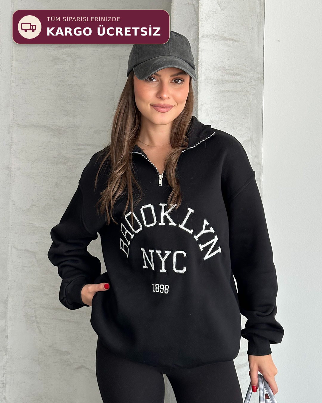 NYC Brooklyn Nakışlı Fermuar Yaka Antrasit Sweatshirt