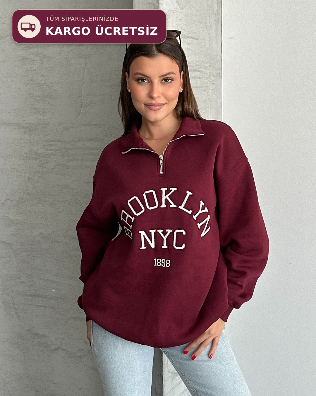 NYC Brooklyn Nakışlı Fermuar Yaka Bordo Sweatshirt