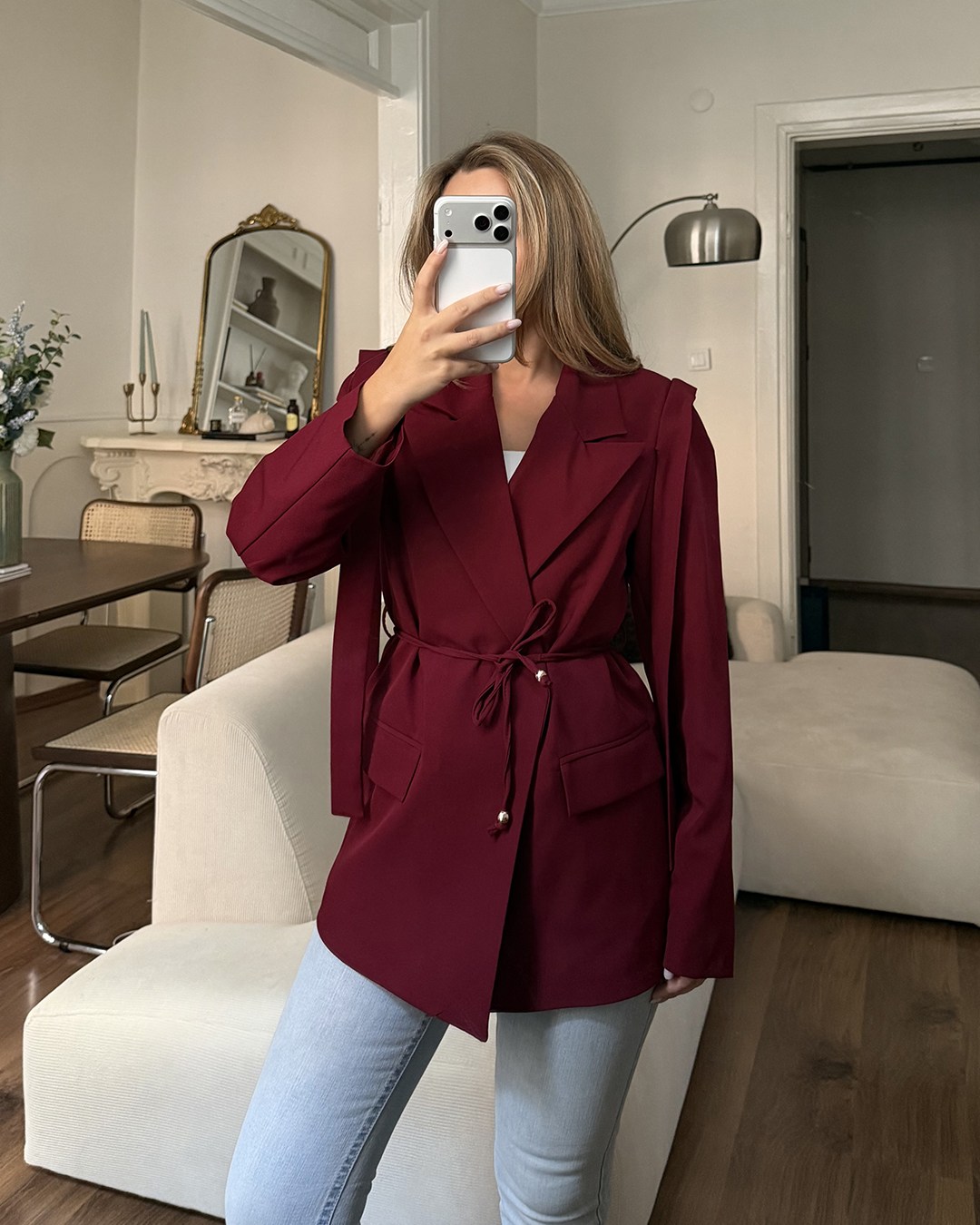 Omuz Detaylı Belden Kuşaklı Bordo Blazer Ceket