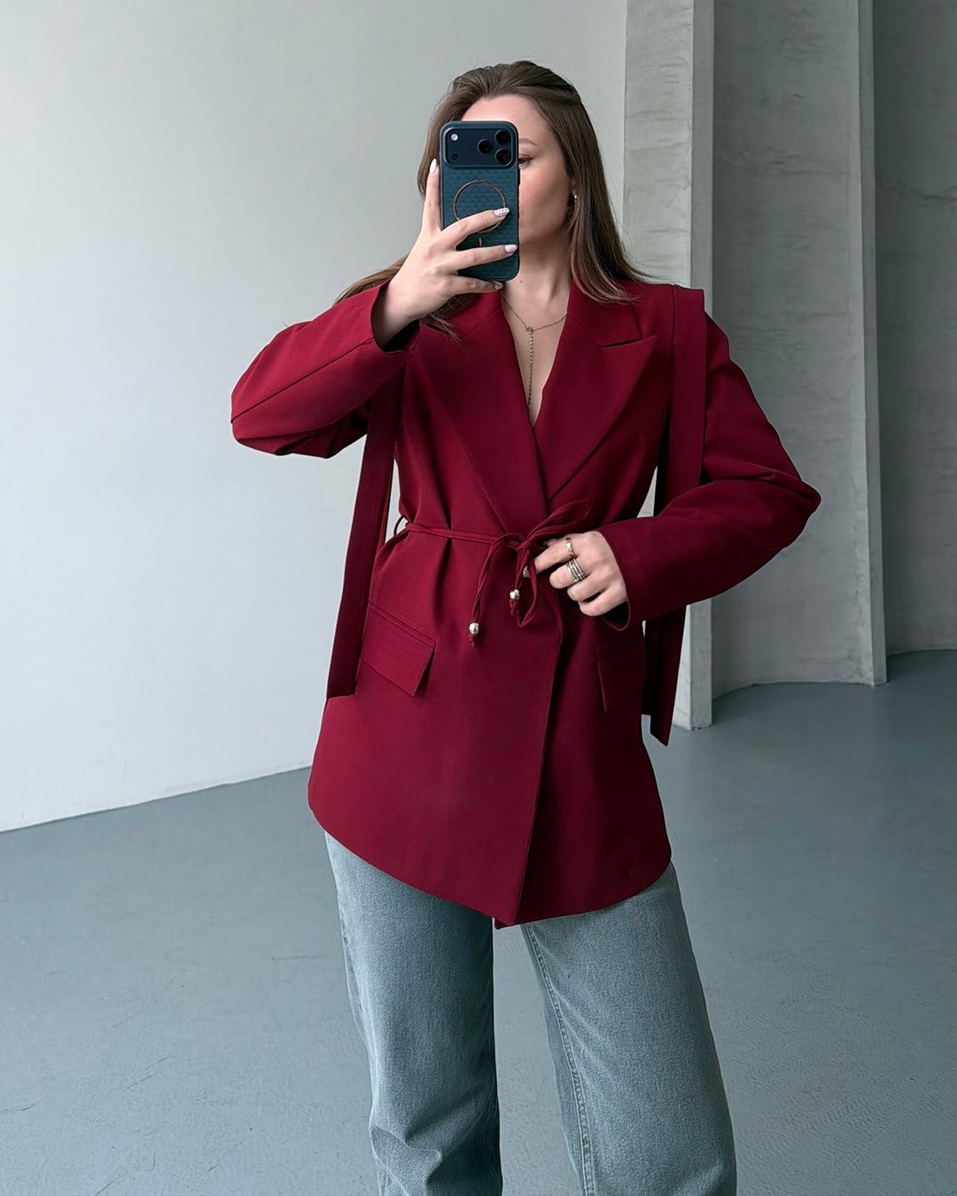 Omuz Detaylı Belden Kuşaklı Bordo Blazer Ceket