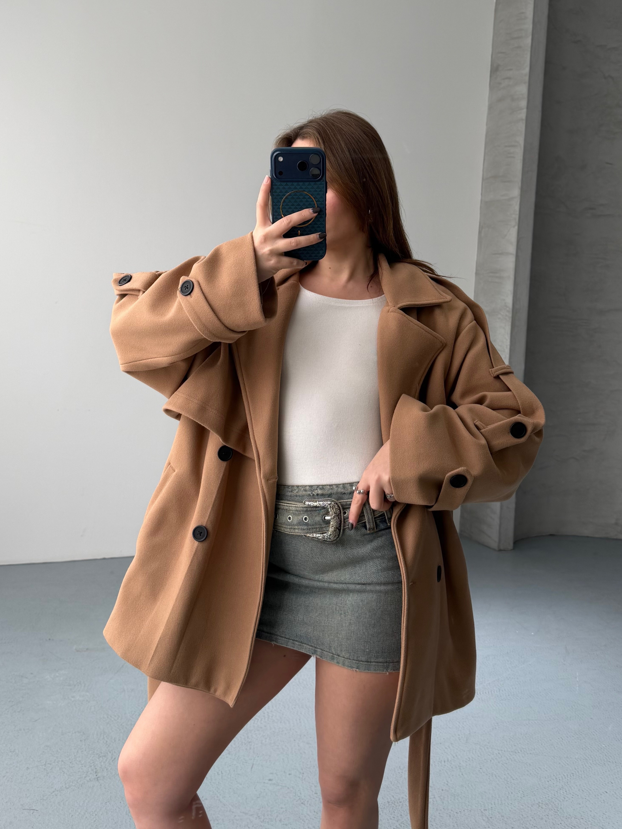 Oversize Bej Kaşe Kaban