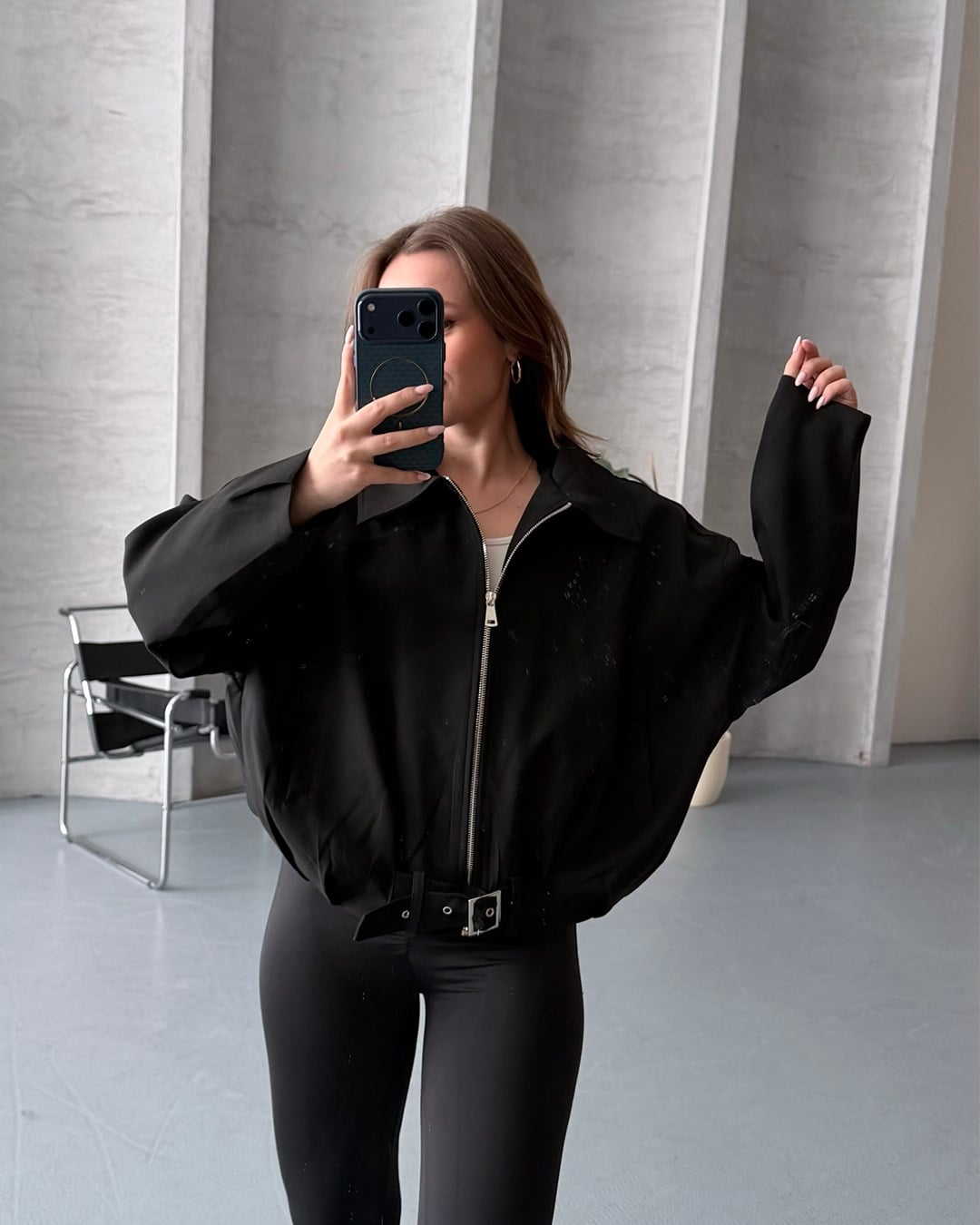 Oversize Fermuarlı Siyah Bomber Ceket