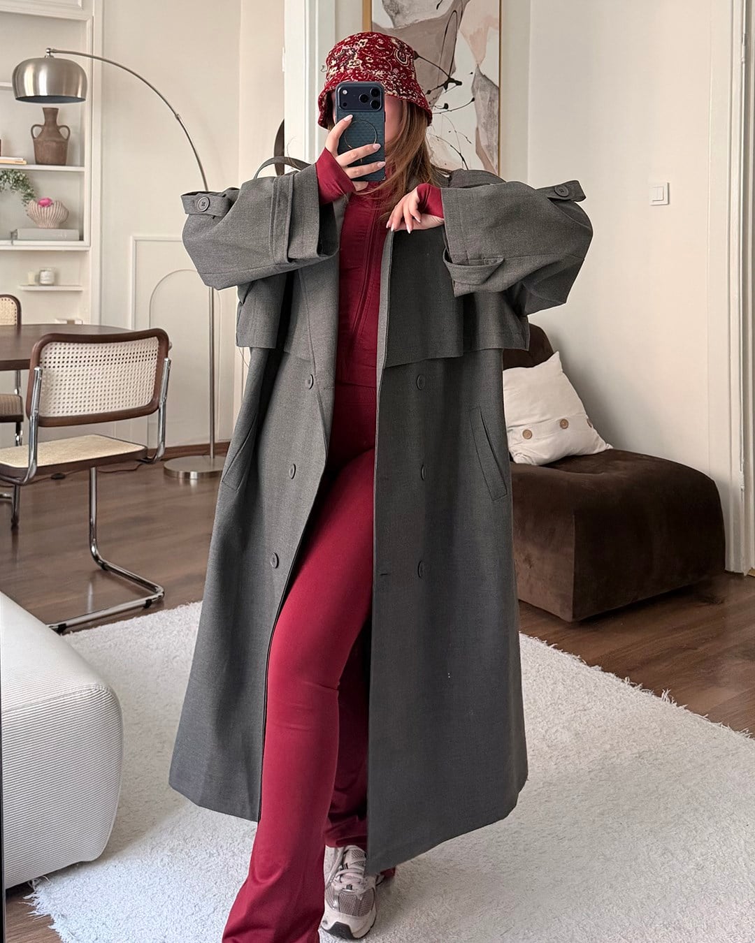 Oversize Kemerli Uzun Antrasit Trençkot