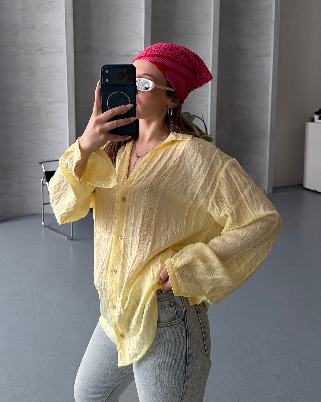 Oversize Keten Dokulu Sarı Yazlık Gömlek
