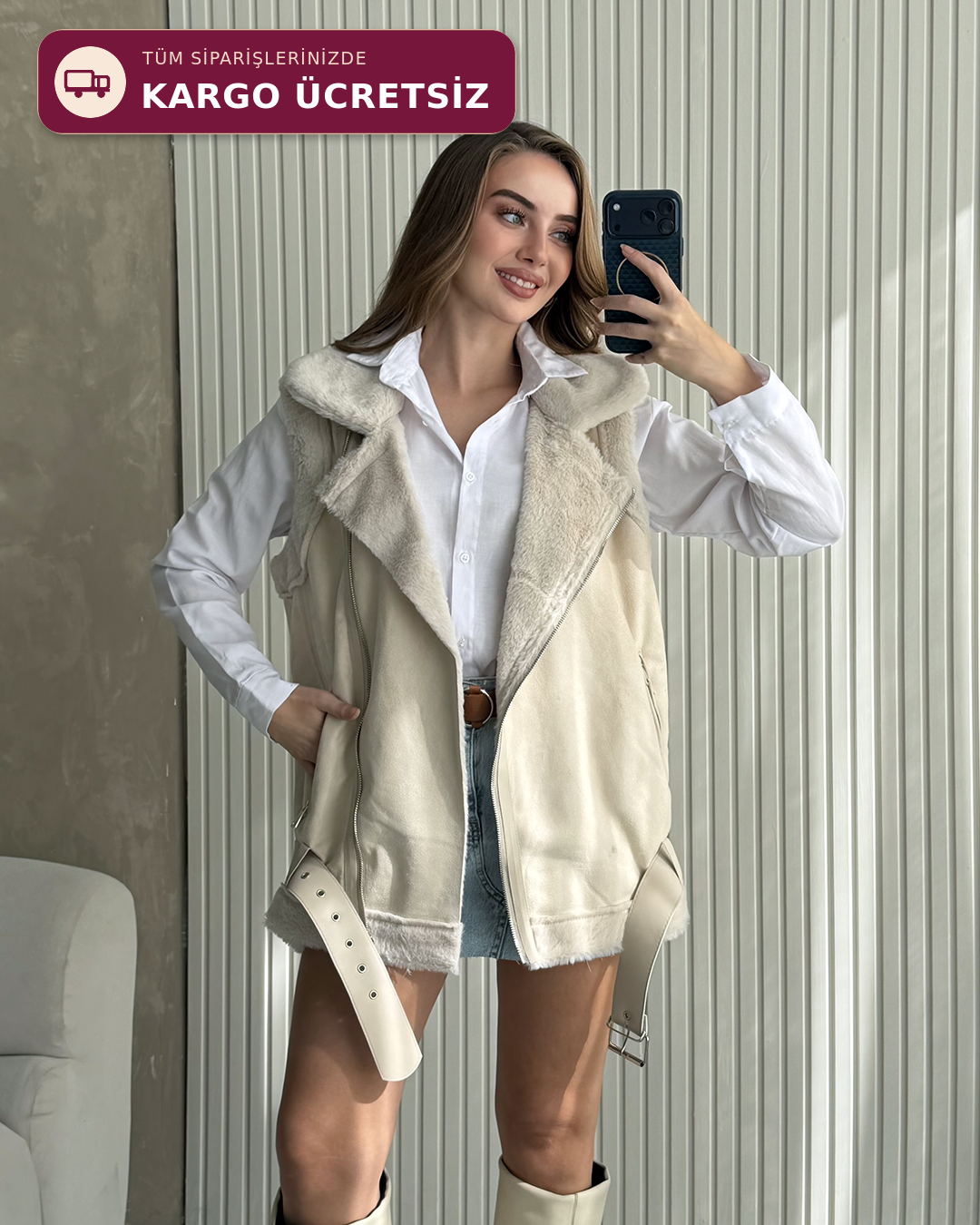 Peluş Astarlı Kemerli Oversize Bej Süet Yelek