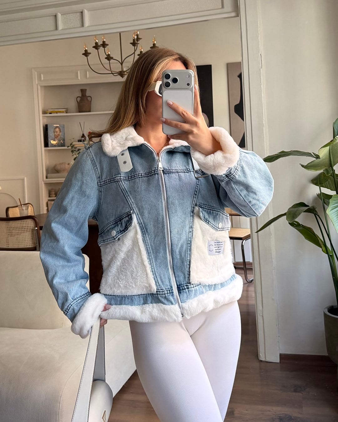 Peluş Cepli Tokalı Denim Ceket