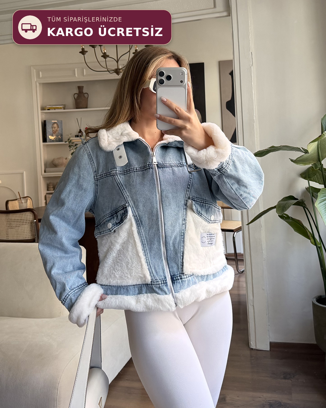 Peluş Cepli Tokalı Denim Ceket
