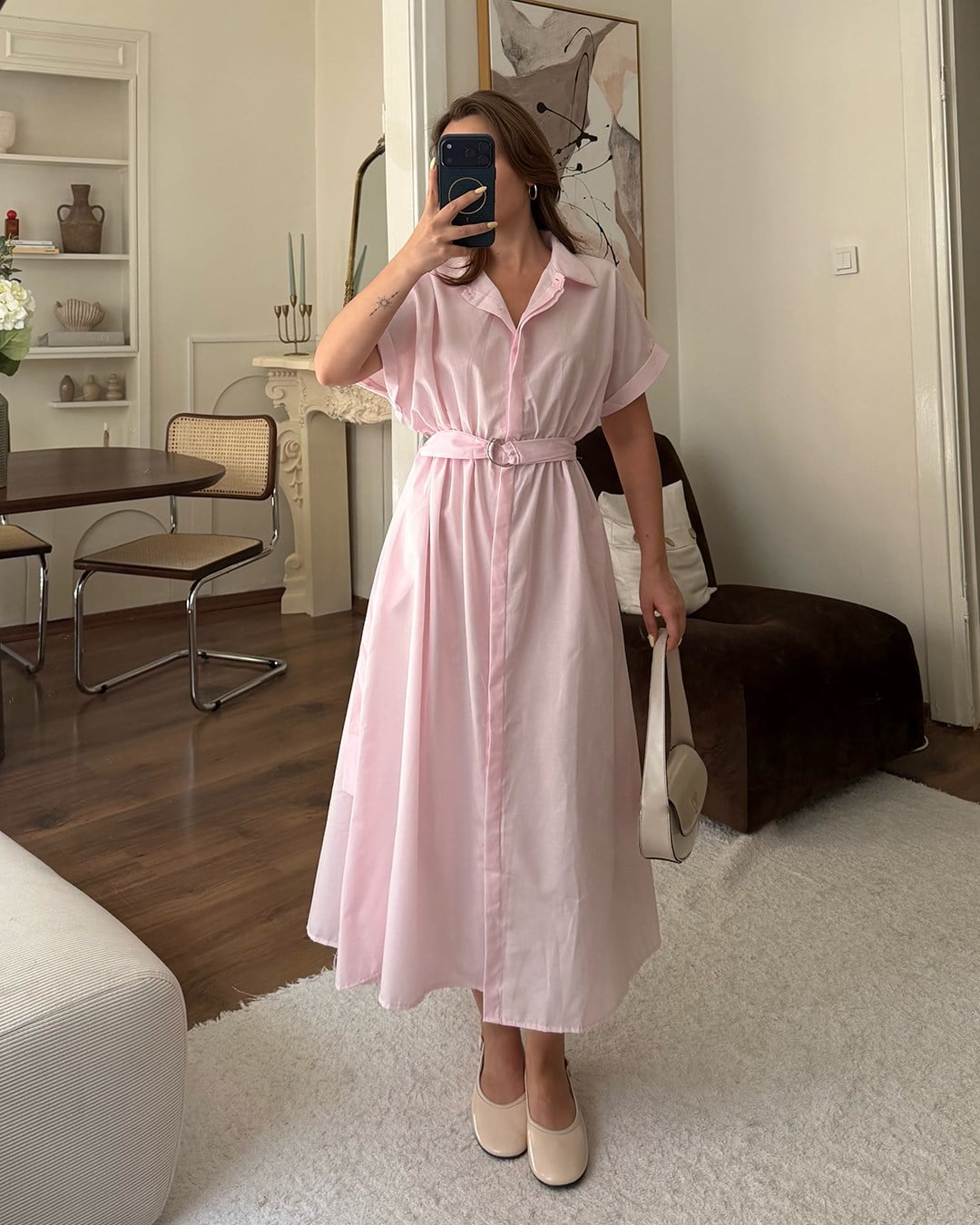 Pembe Kemerli Midi Elbise