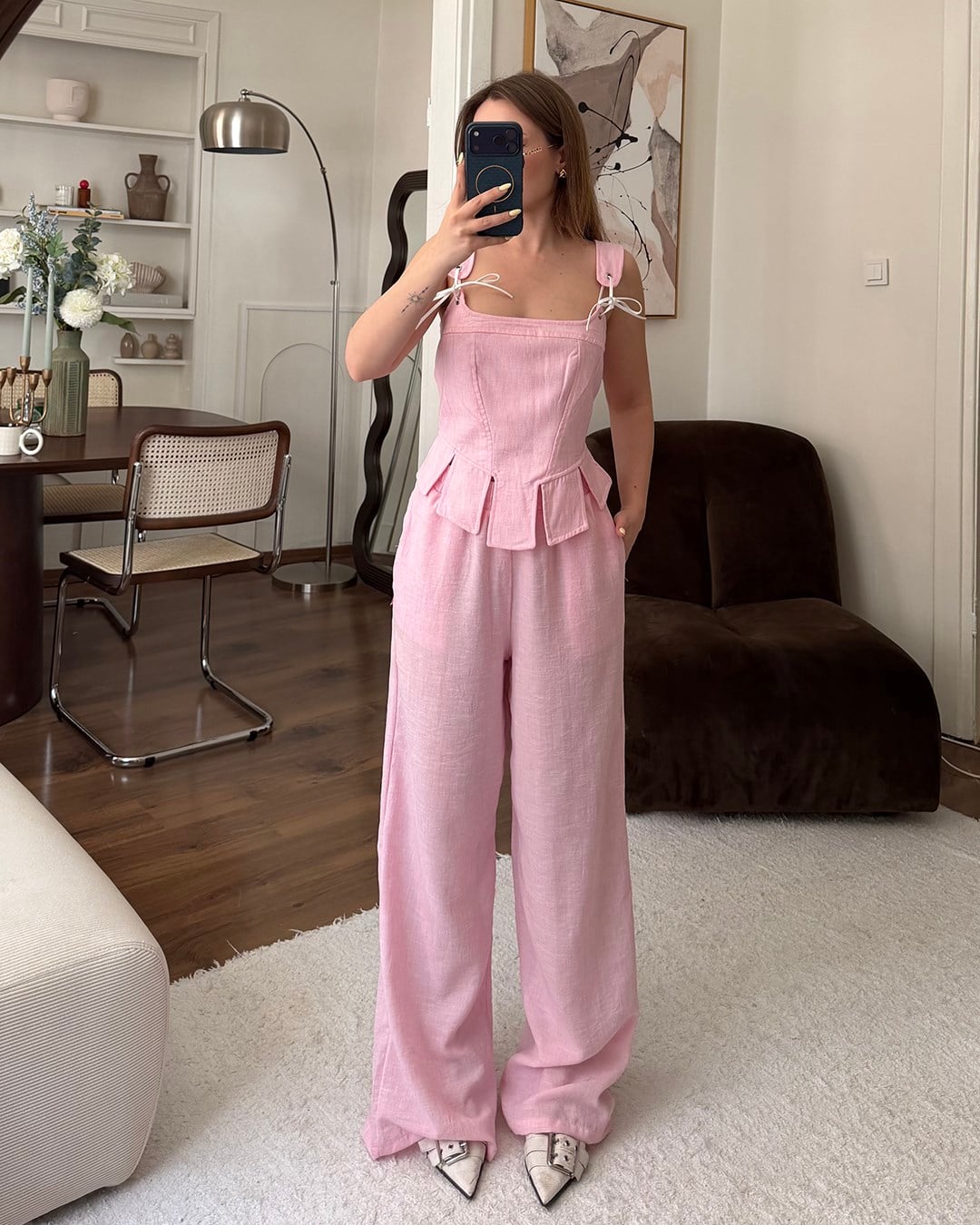 Pembe Keten Büstiyer Takım