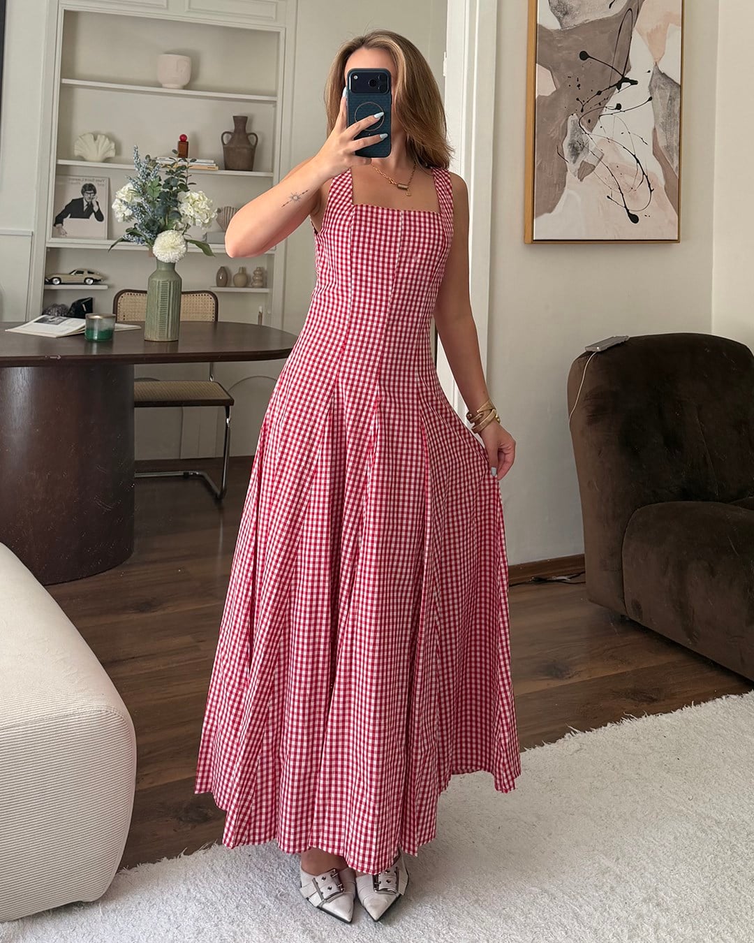 Pembe Pötikare Askılı Maxi Elbise
