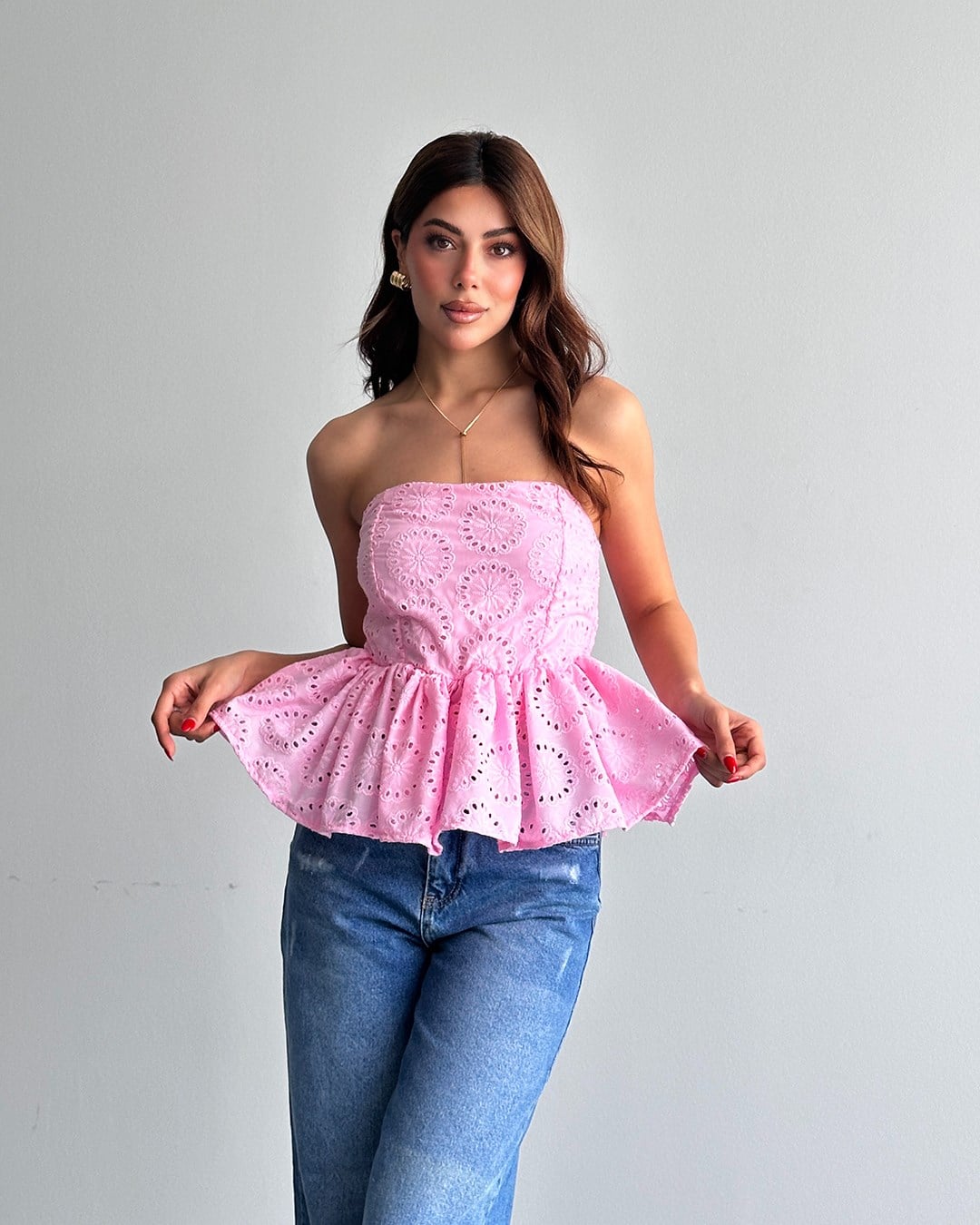 Pembe Straplez Nakışlı Büstiyer