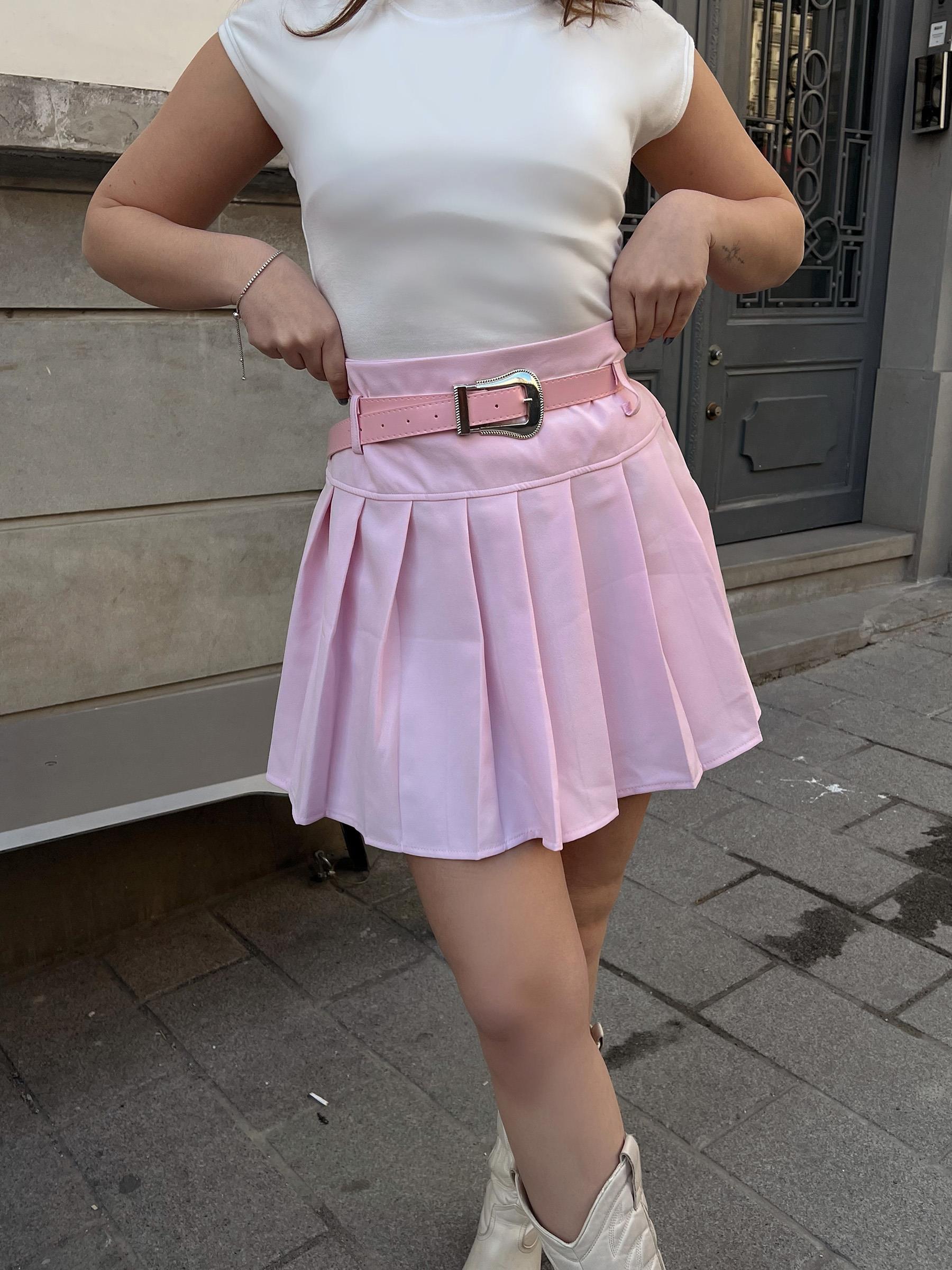 Pileli Kemerli Pembe Mini Etek