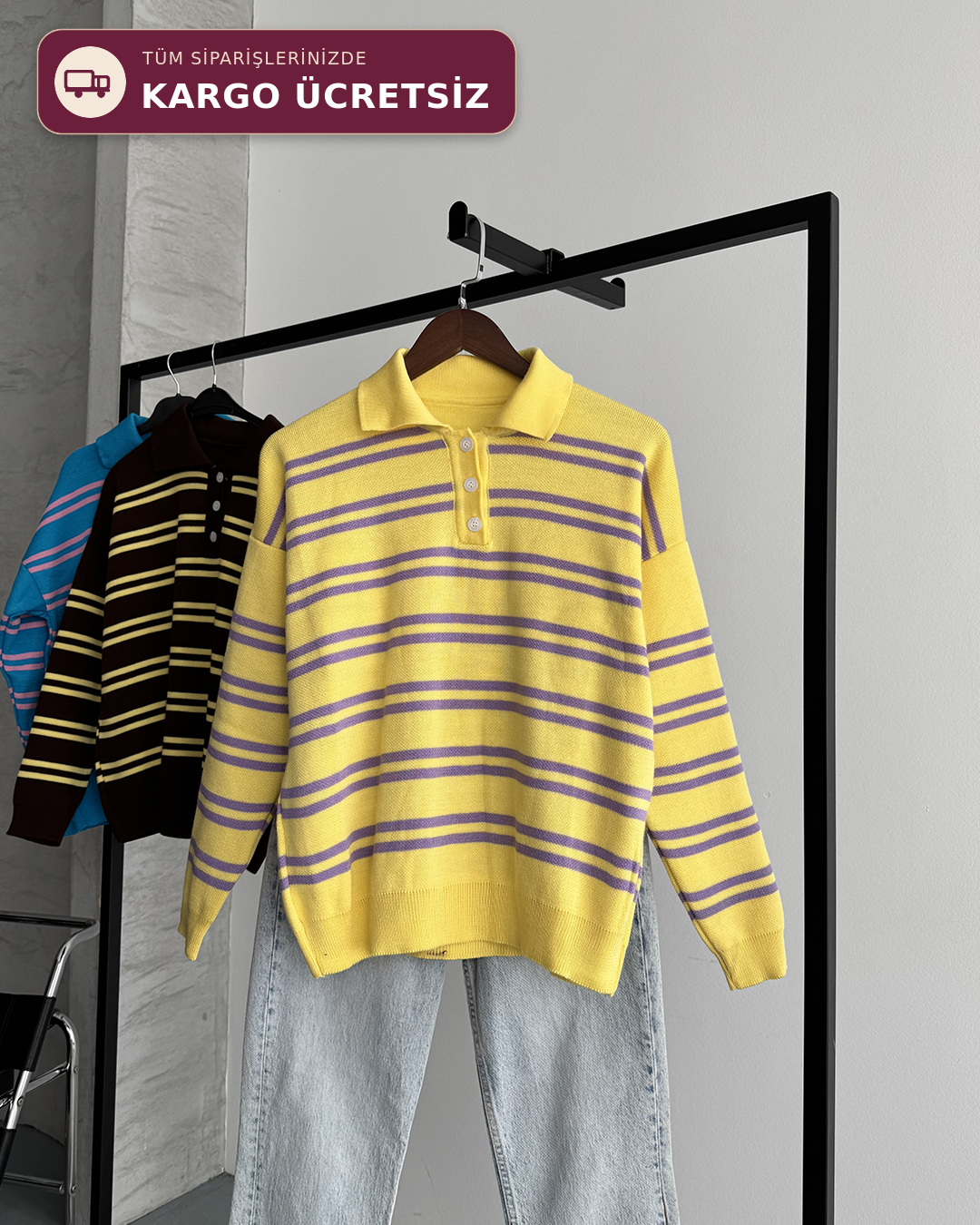 Polo Yaka Düğmeli Çizgili Oversize Sarı Triko Kazak