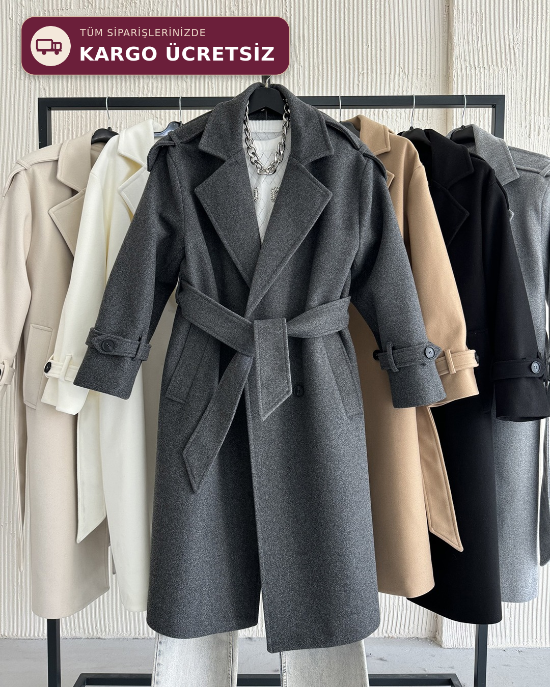 Premium Modern Antrasit Kaşe Kaban