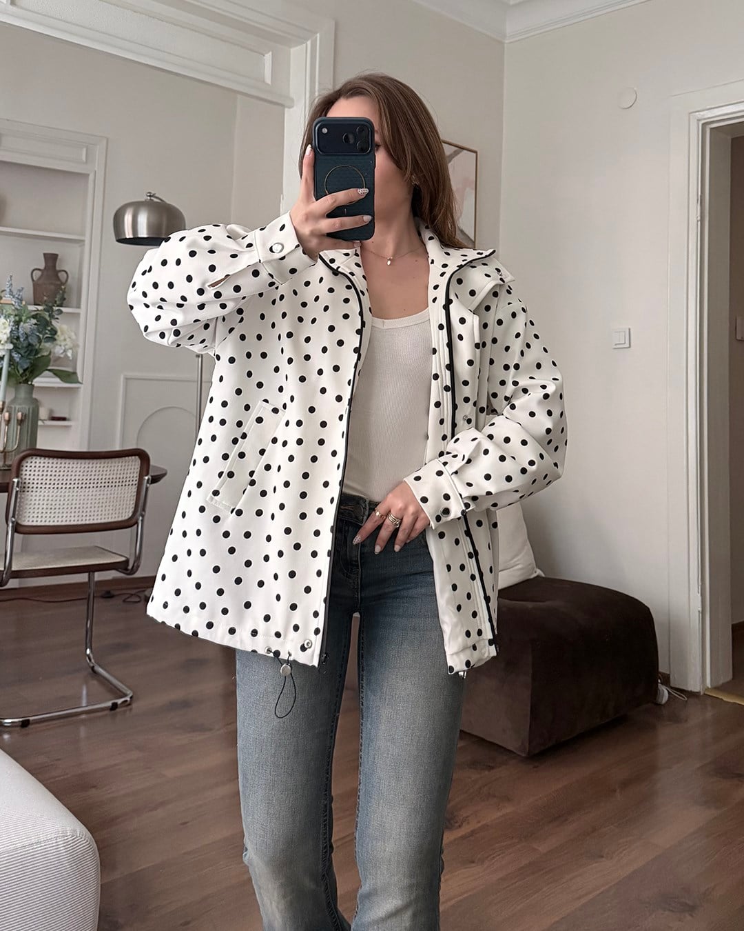 Puantiyeli Beyaz Bomber Ceket