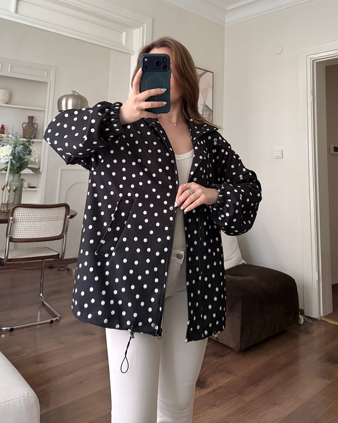 Puantiyeli Siyah Bomber Ceket