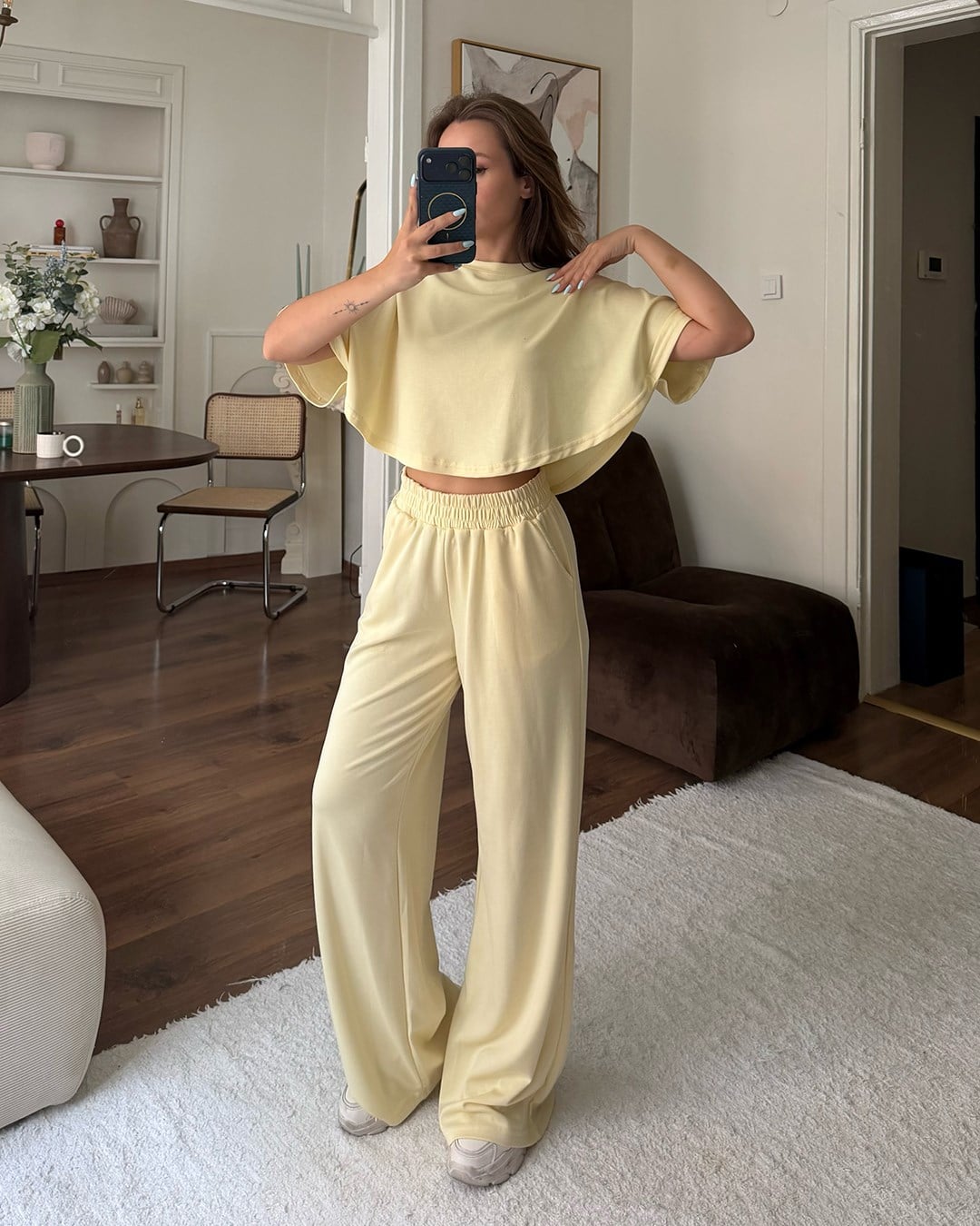 Sarı Crop Beli Lastikli Eşofman Takımı
