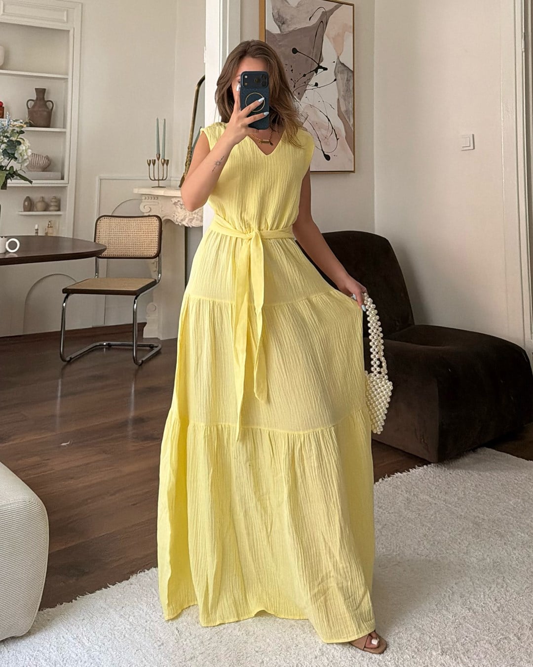 Sarı Kuşaklı Krinkıl Maxi Elbise