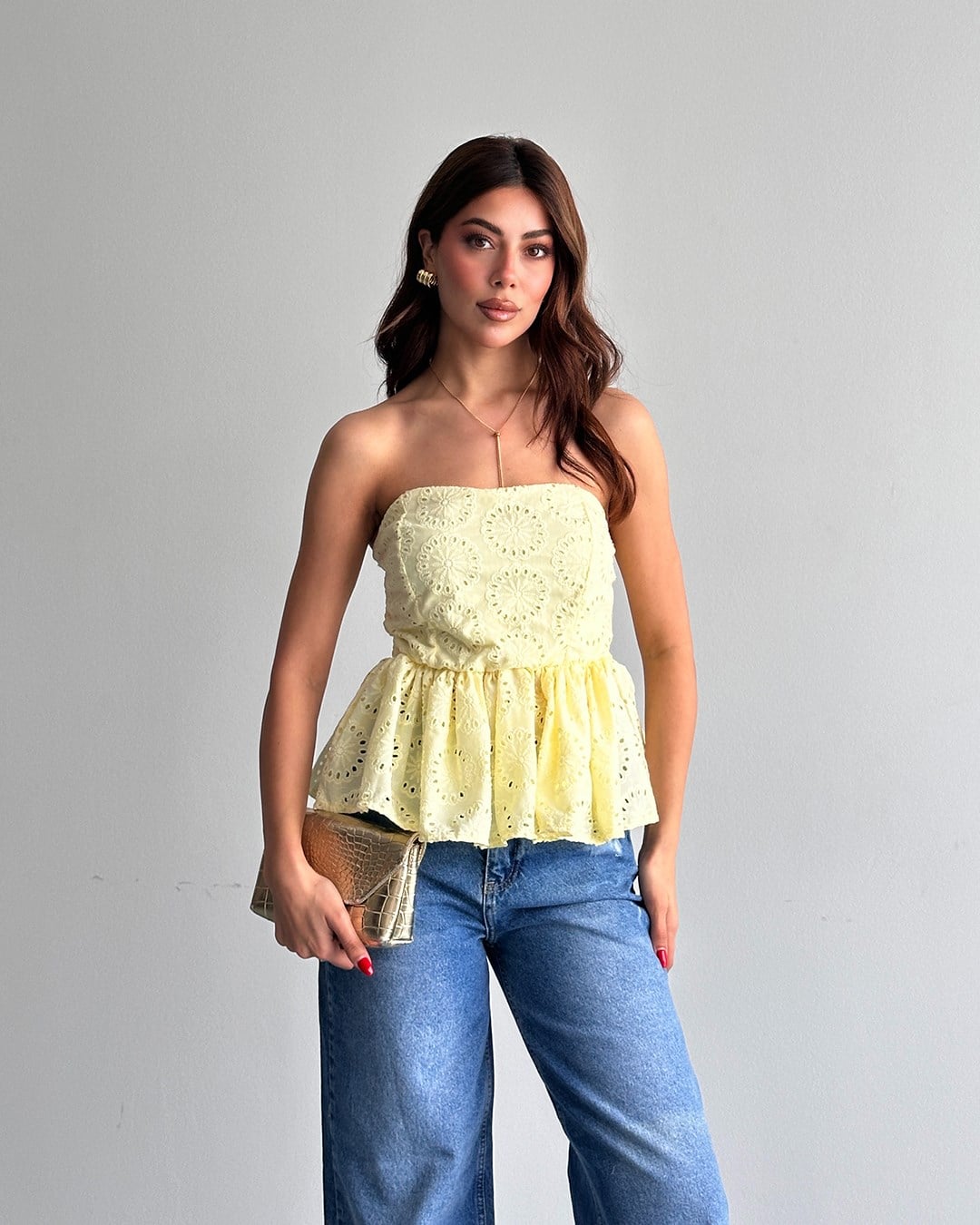 Sarı Straplez Nakışlı Büstiyer