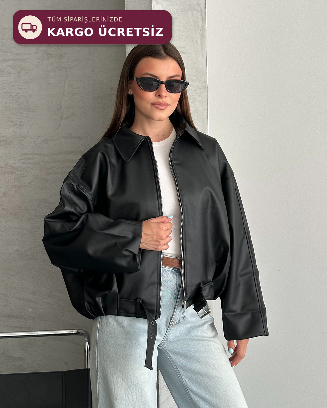 Siyah Deri Bomber Ceket
