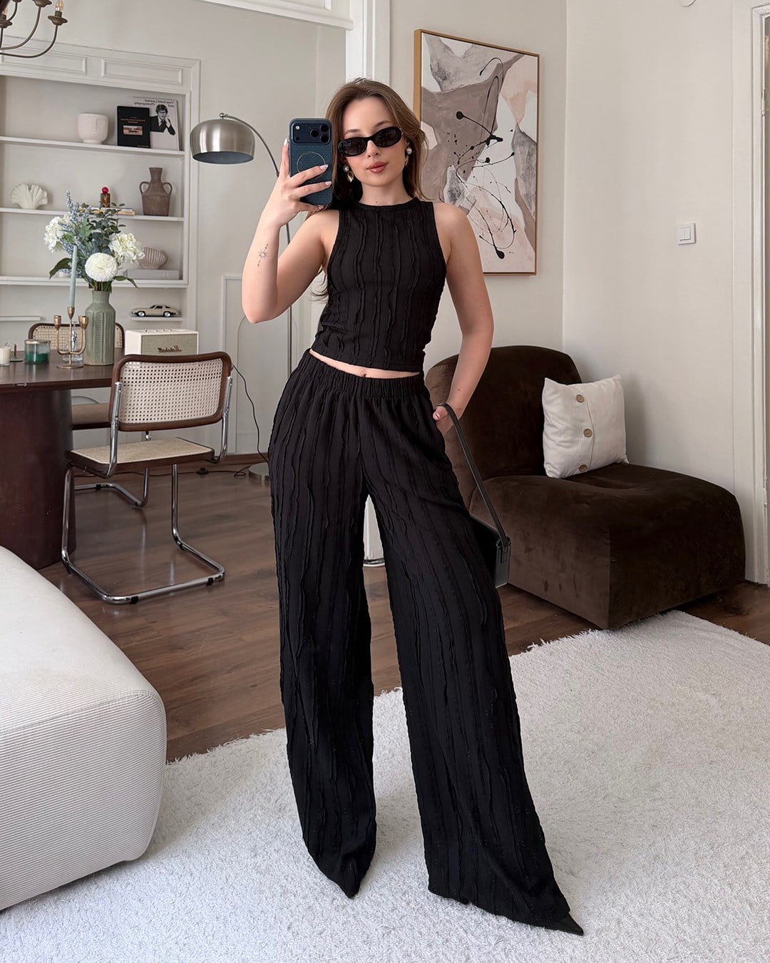 Siyah Fitilli Crop Bluz Palazzo Pantolon Takım