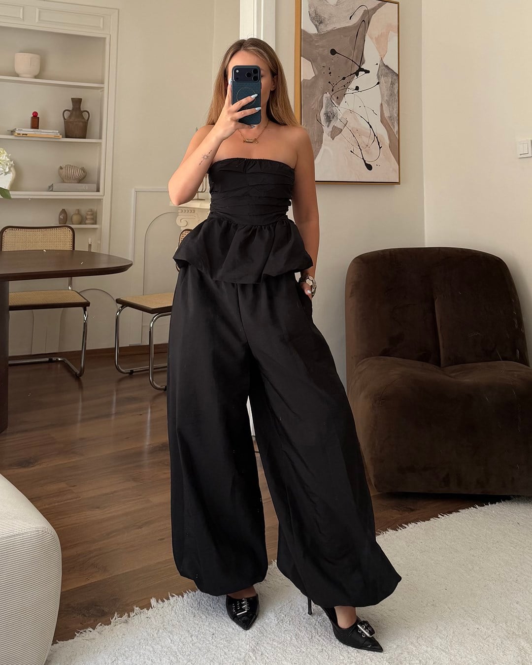 Siyah Straplez Peplum Büstiyer Pantolon Takım