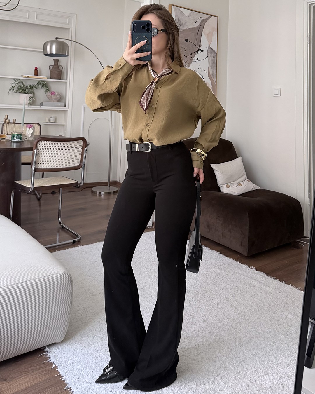 Siyah Yüksek Bel İspanyol Paça Pantolon