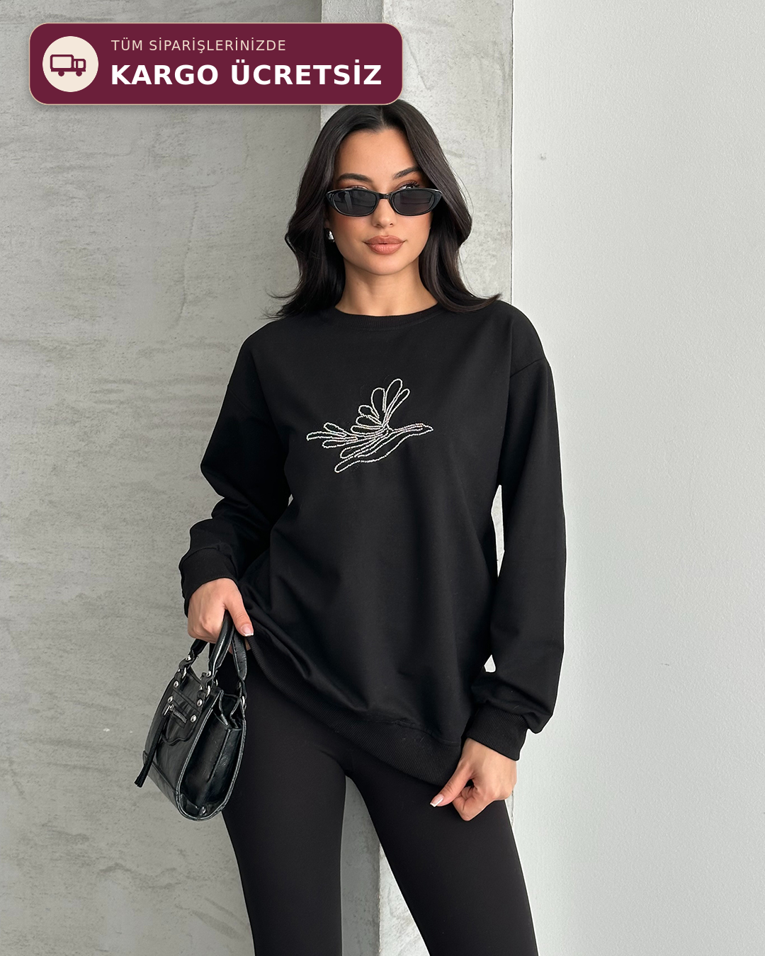 Taş Detaylı Unisex Siyah Sweatshirt