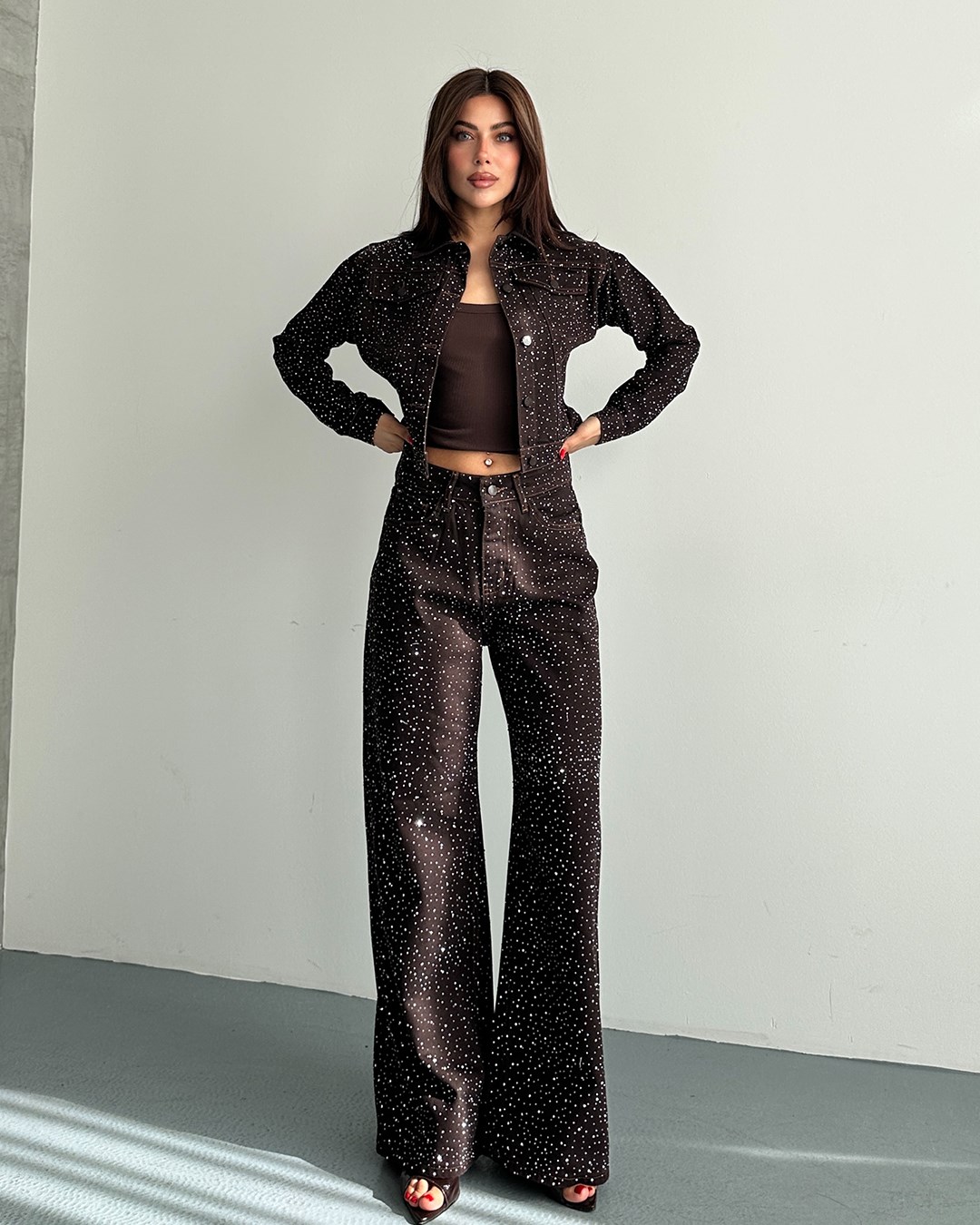 Taşlı Kahverengi Denim Ceket Pantolon İkili Takım