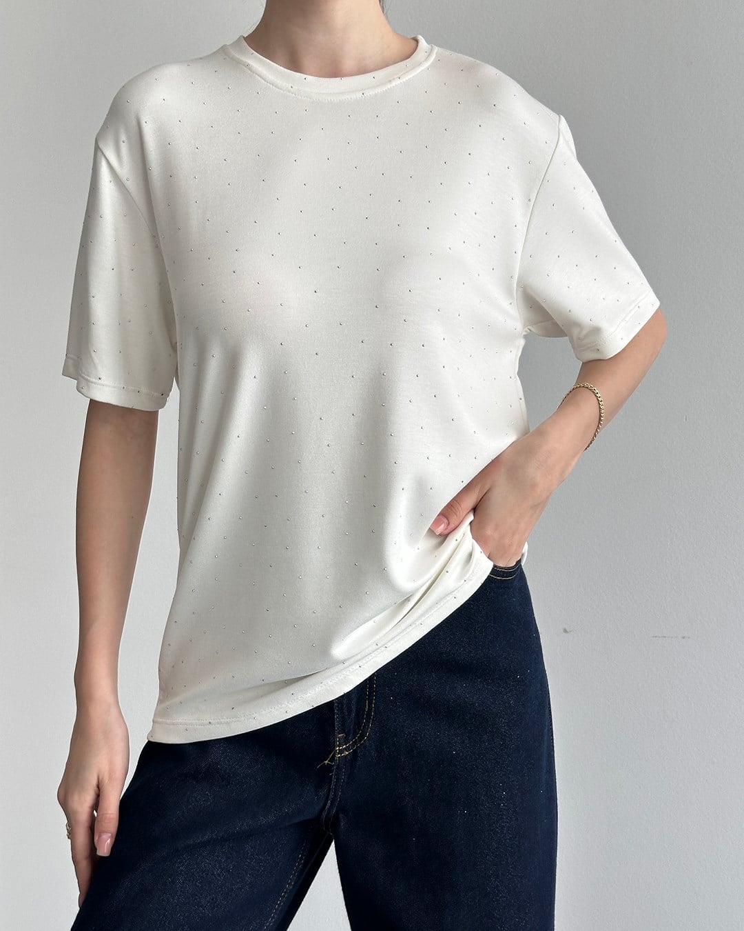 Taşlı Oversize Beyaz Tişört