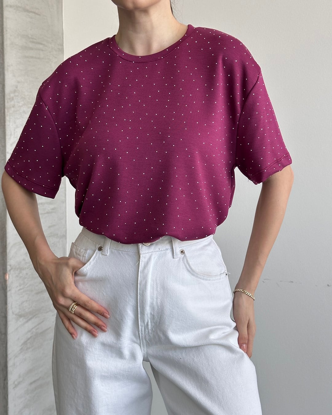 Taşlı Oversize Bordo Tişört