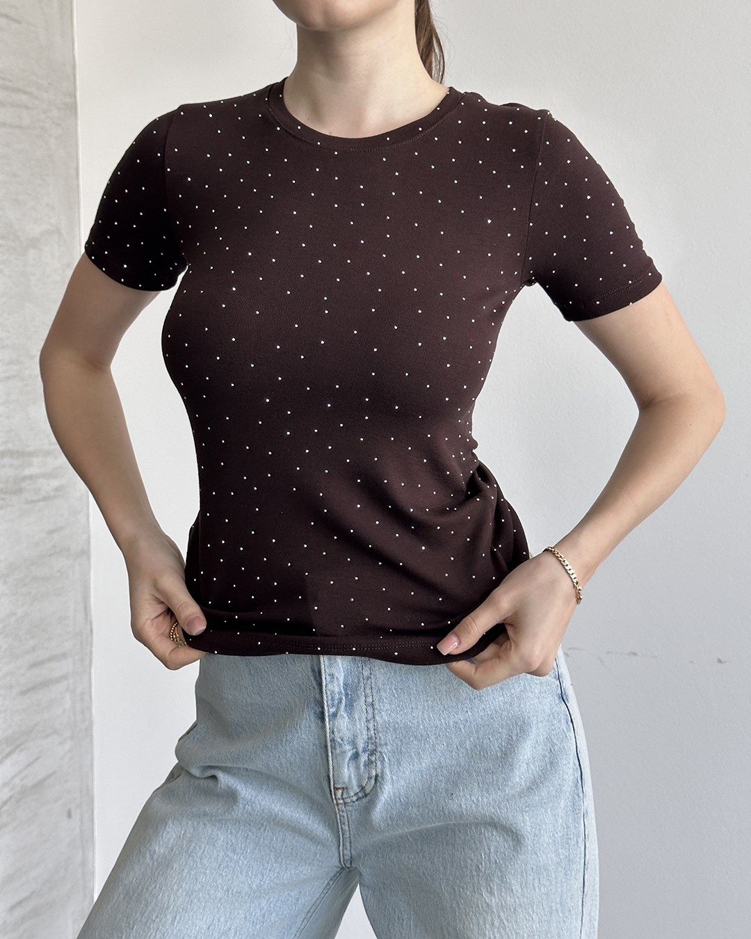 Taşlı Slim Fit Kahverengi Tişört 