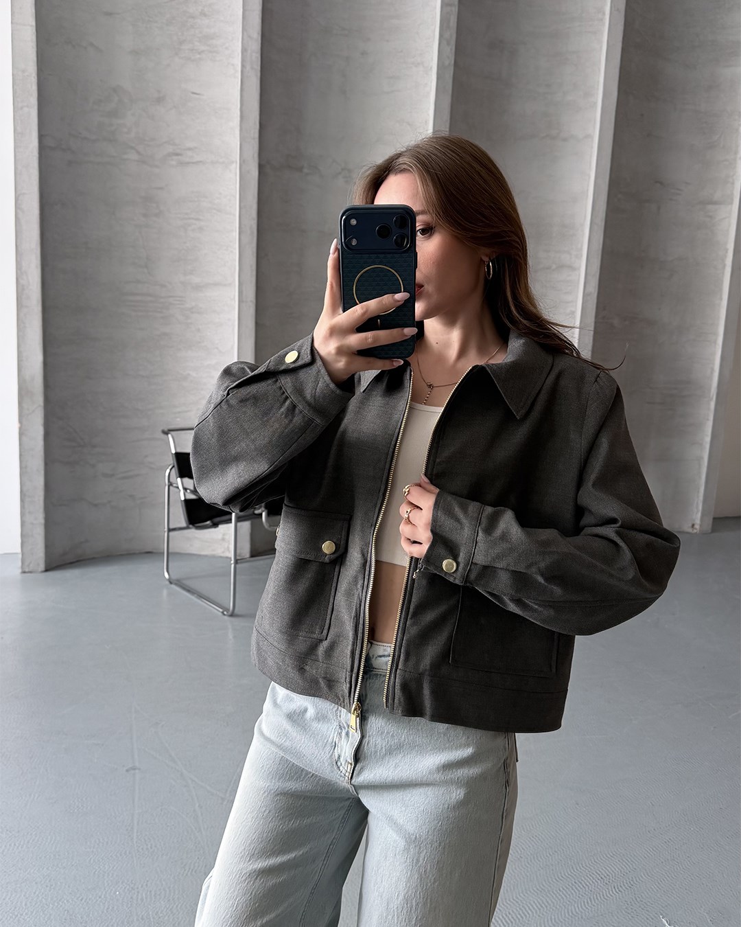 Torba Cepli Gri Bomber Ceket